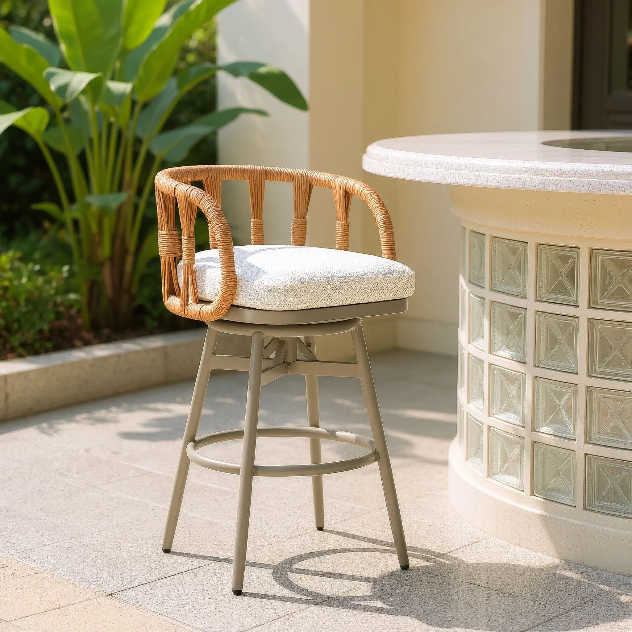 30" Gray Natural and White Aluminum And Faux Rattan Swivel Bar Height Chair Homeroots Outdoor