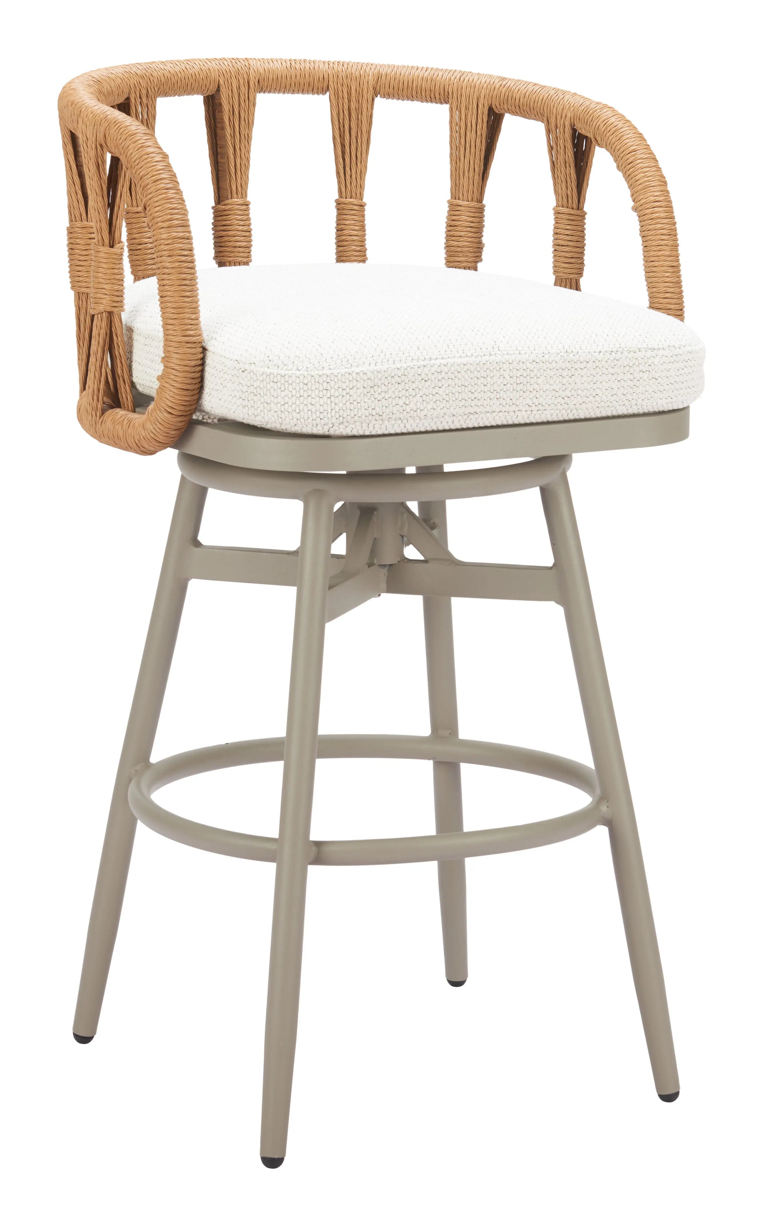 30" Gray Natural and White Aluminum And Faux Rattan Swivel Bar Height Chair Homeroots Outdoor