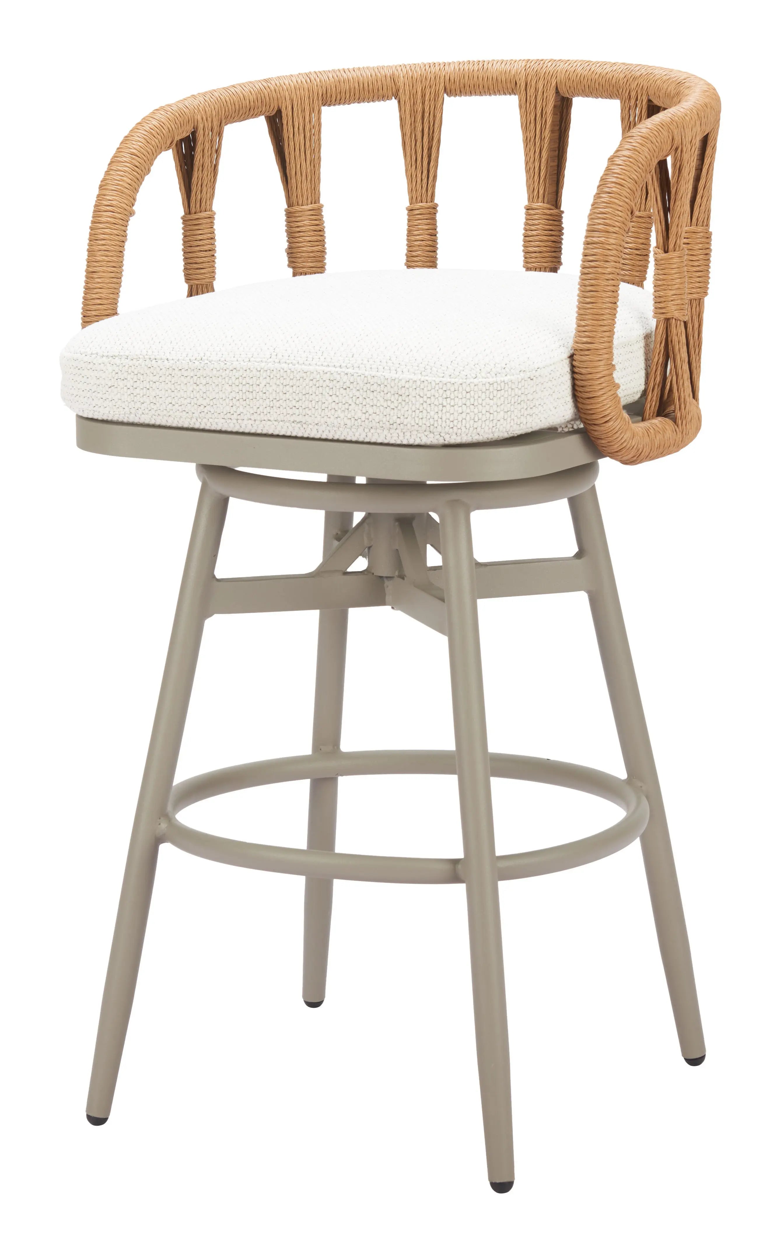 30" Gray Natural and White Aluminum And Faux Rattan Swivel Bar Height Chair Homeroots Outdoor