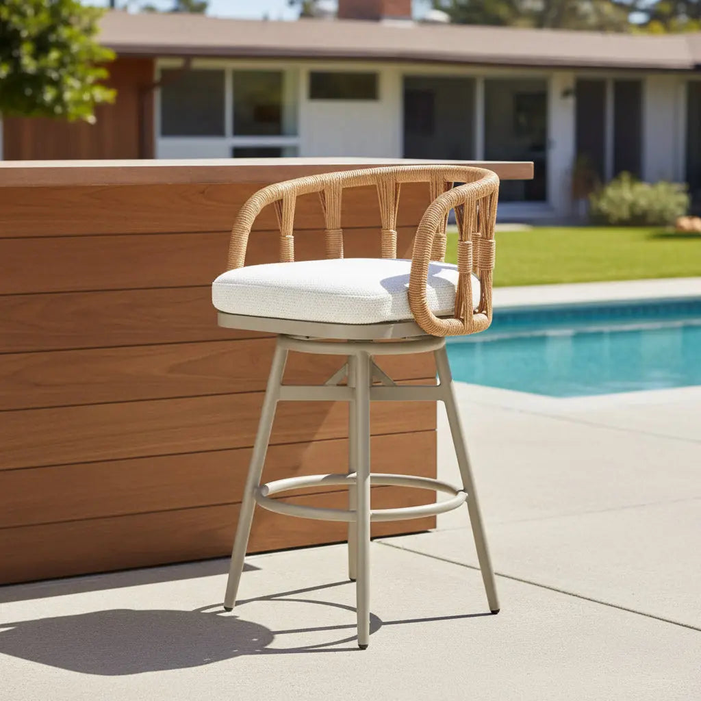30" Gray Natural and White Aluminum And Faux Rattan Swivel Bar Height Chair Homeroots Outdoor