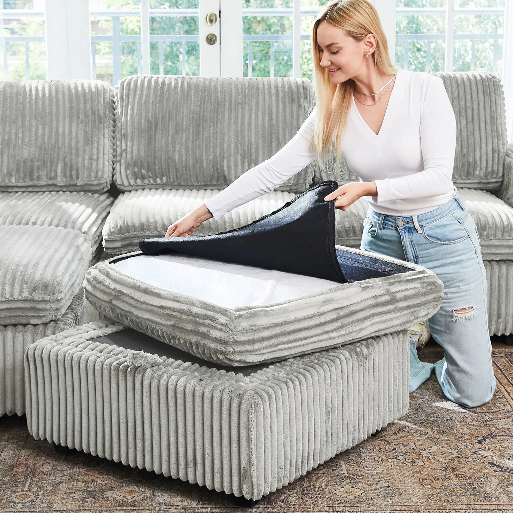 30" Gray and Black Corduroy Storage Ottoman Homeroots Living Room