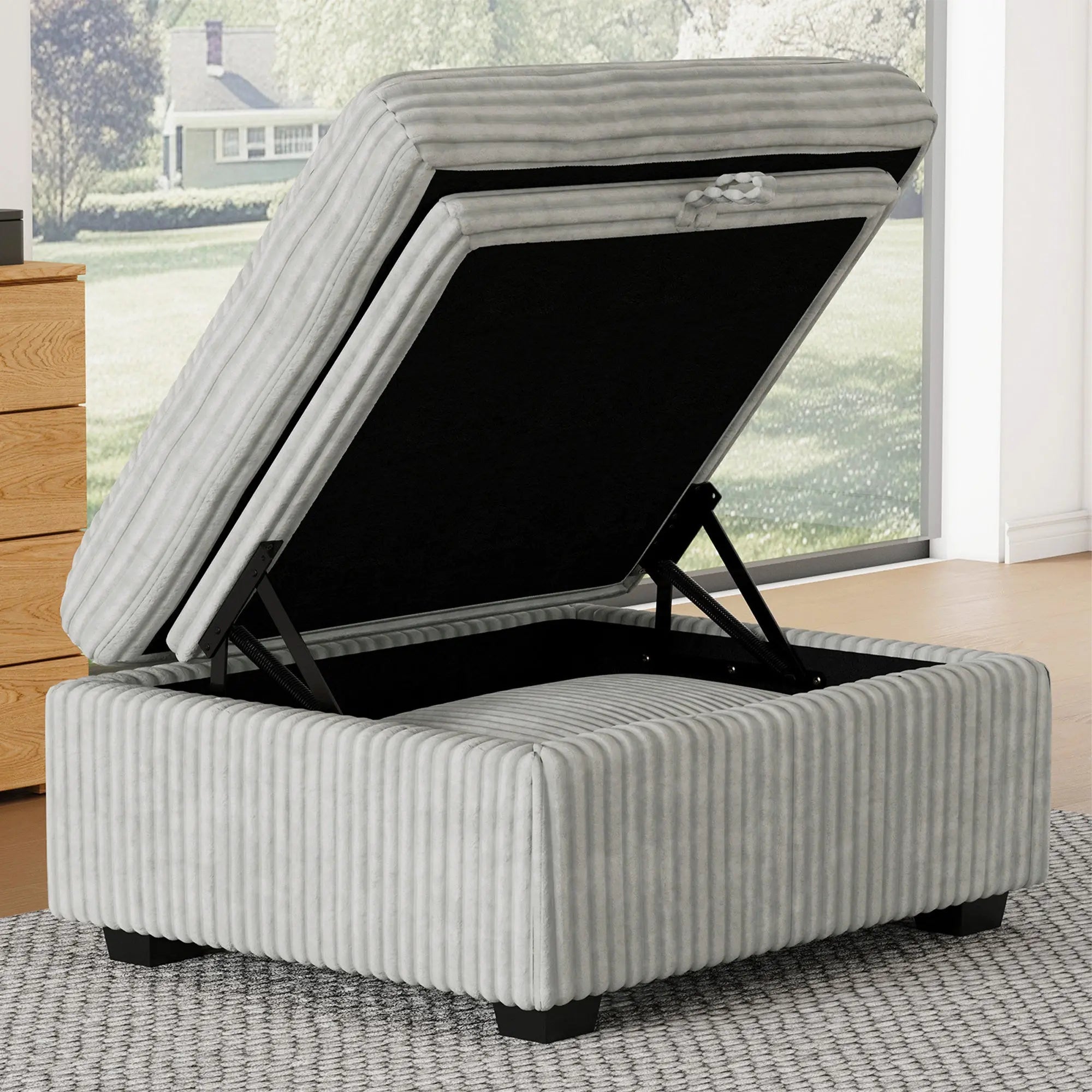 30" Gray and Black Corduroy Storage Ottoman Homeroots Living Room