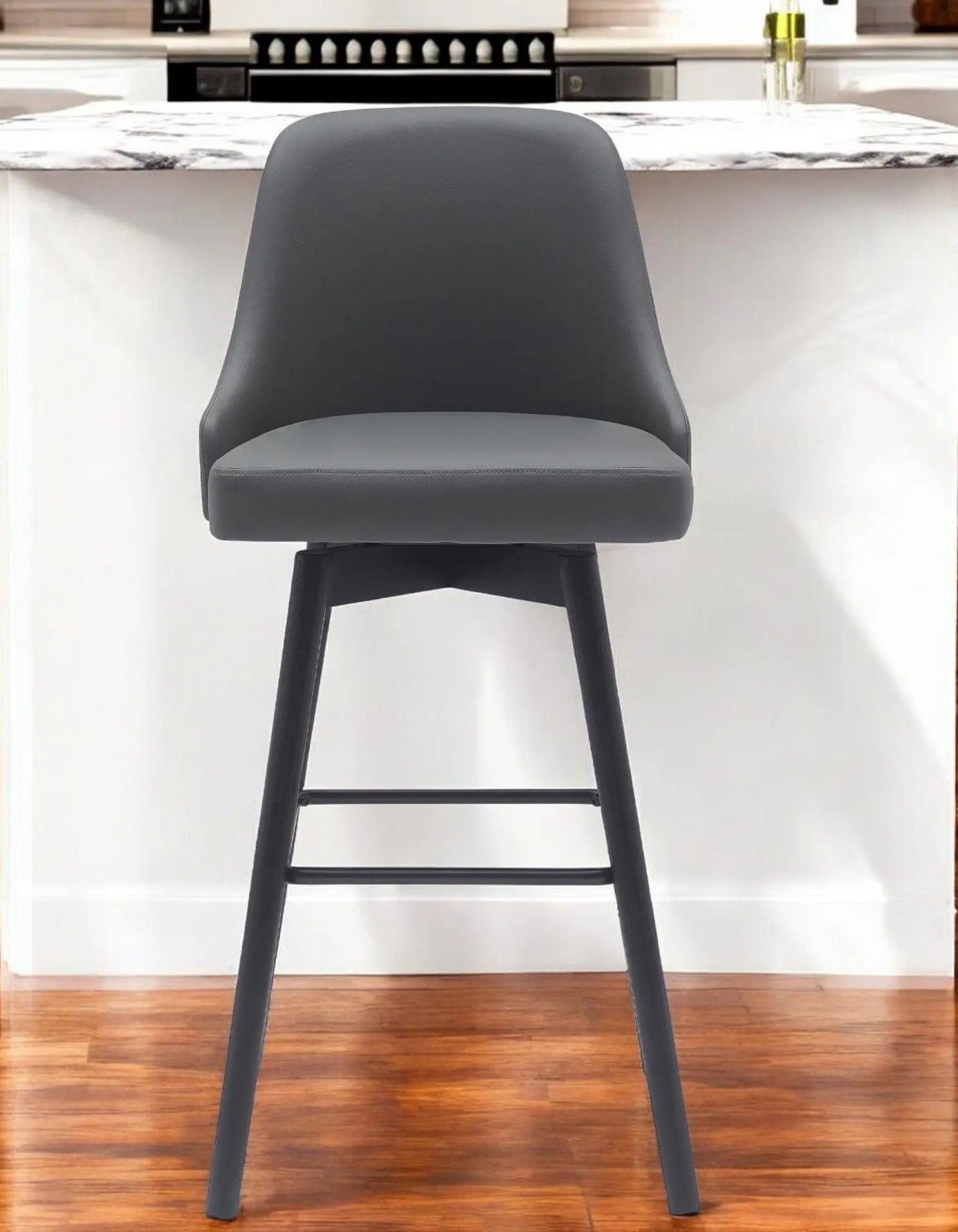 30" Gray and Black Faux Leather with Solid Wood Swivel Bar Height Bar Chair Homeroots Living Room