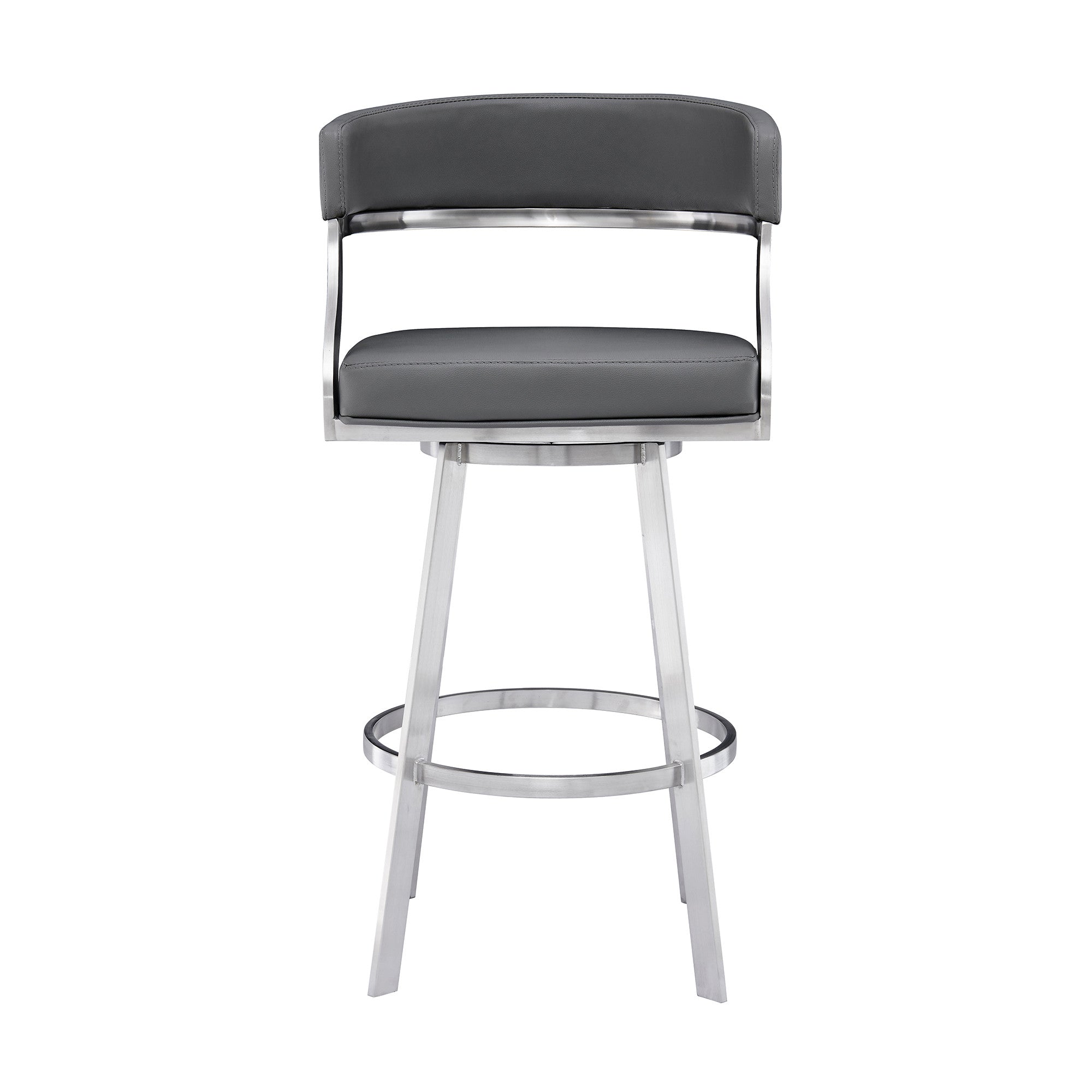 30" Gray and Silver Faux Leather and Iron Low Back Bar Height Swivel Bar Chair - GreatEagleInc
