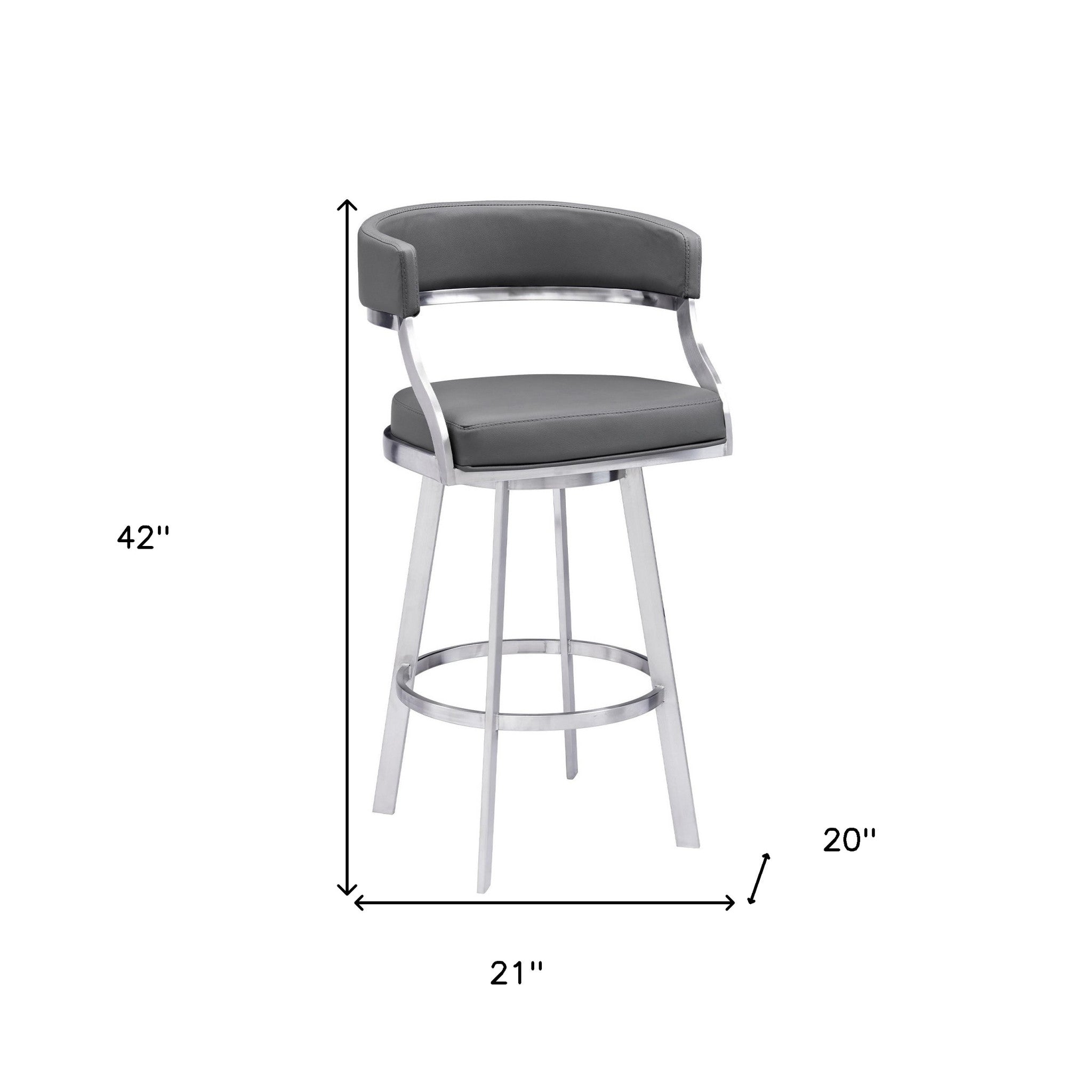 30" Gray and Silver Faux Leather and Iron Low Back Bar Height Swivel Bar Chair - GreatEagleInc