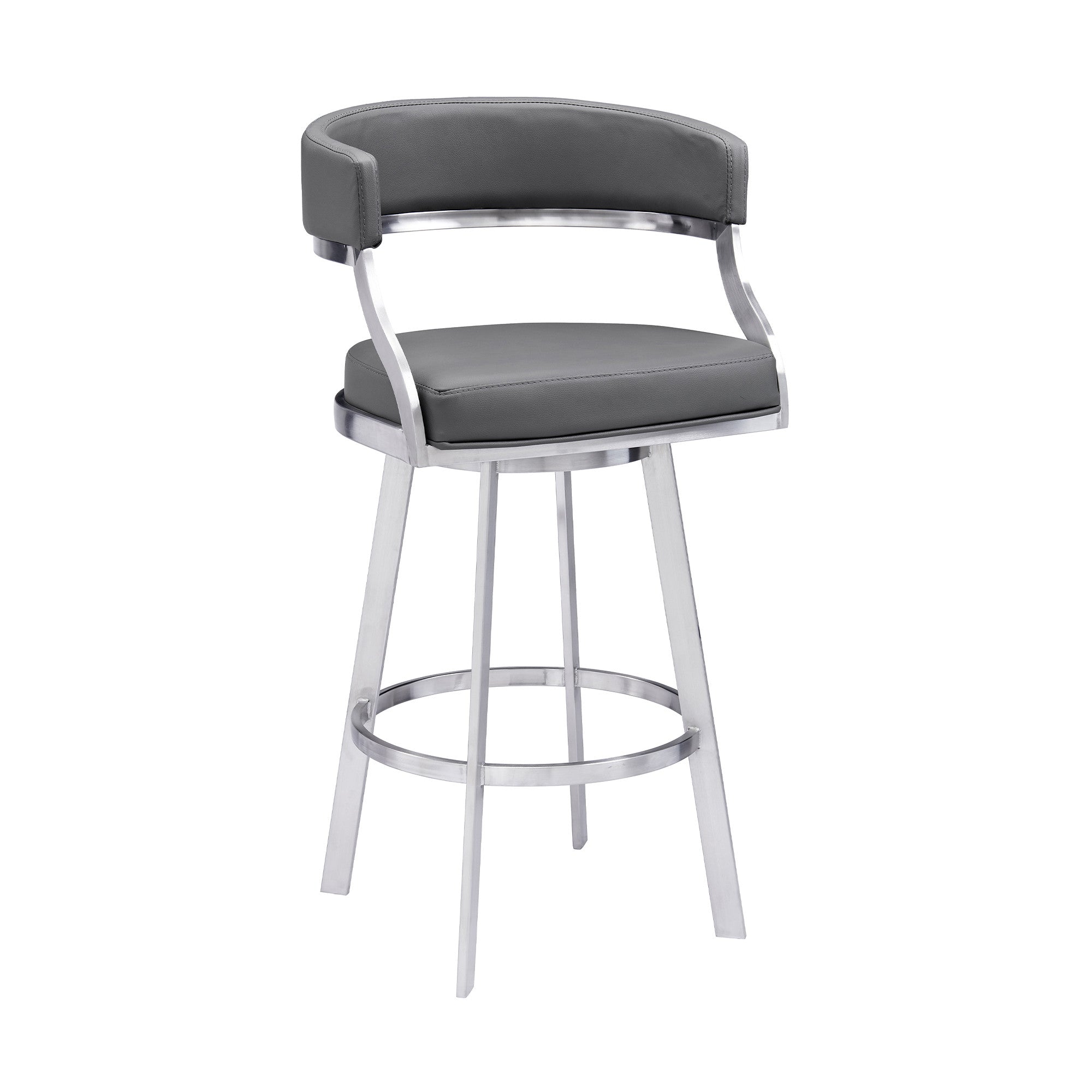 30" Gray and Silver Faux Leather and Iron Low Back Bar Height Swivel Bar Chair - GreatEagleInc