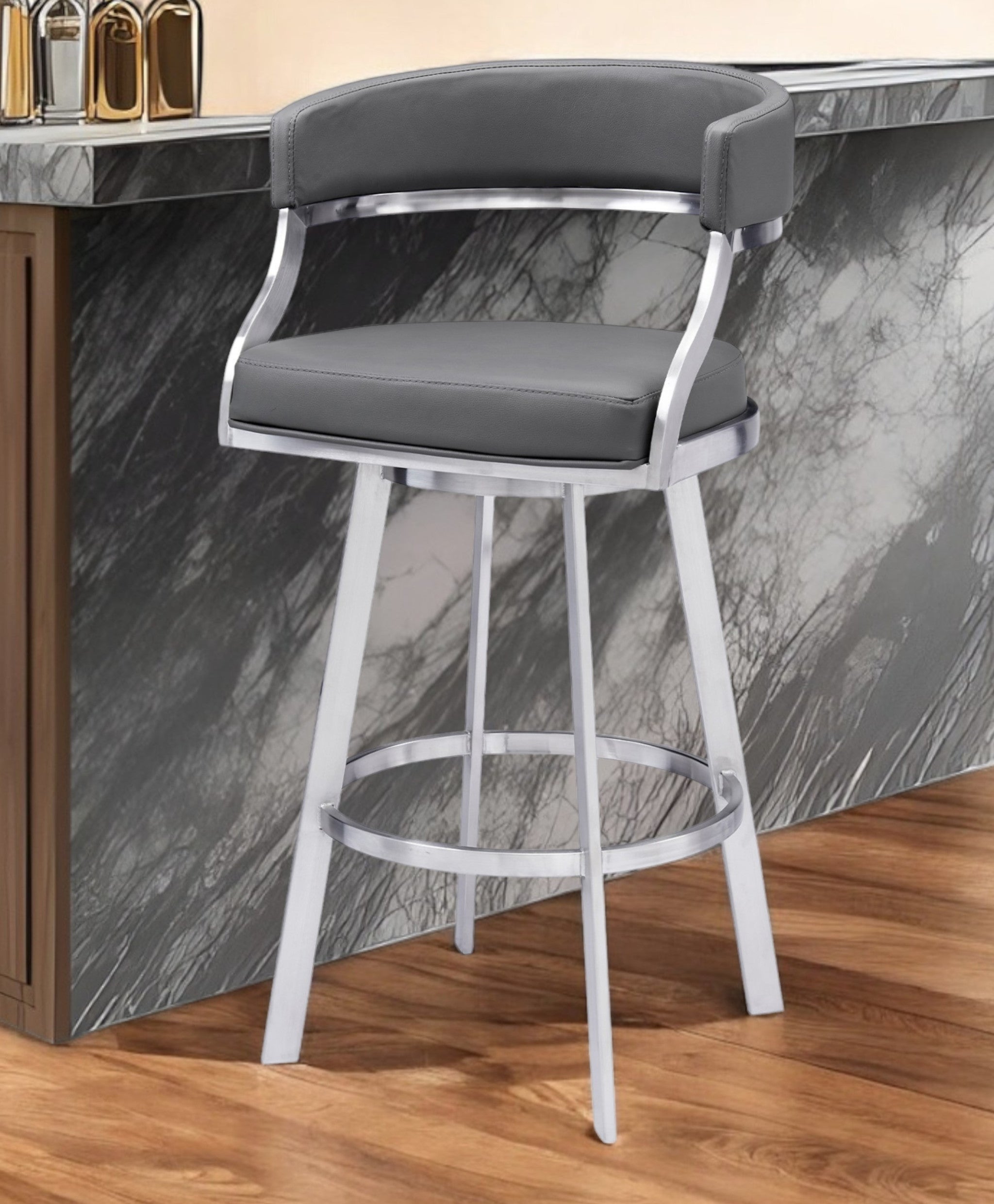 30" Gray and Silver Faux Leather and Iron Low Back Bar Height Swivel Bar Chair - GreatEagleInc