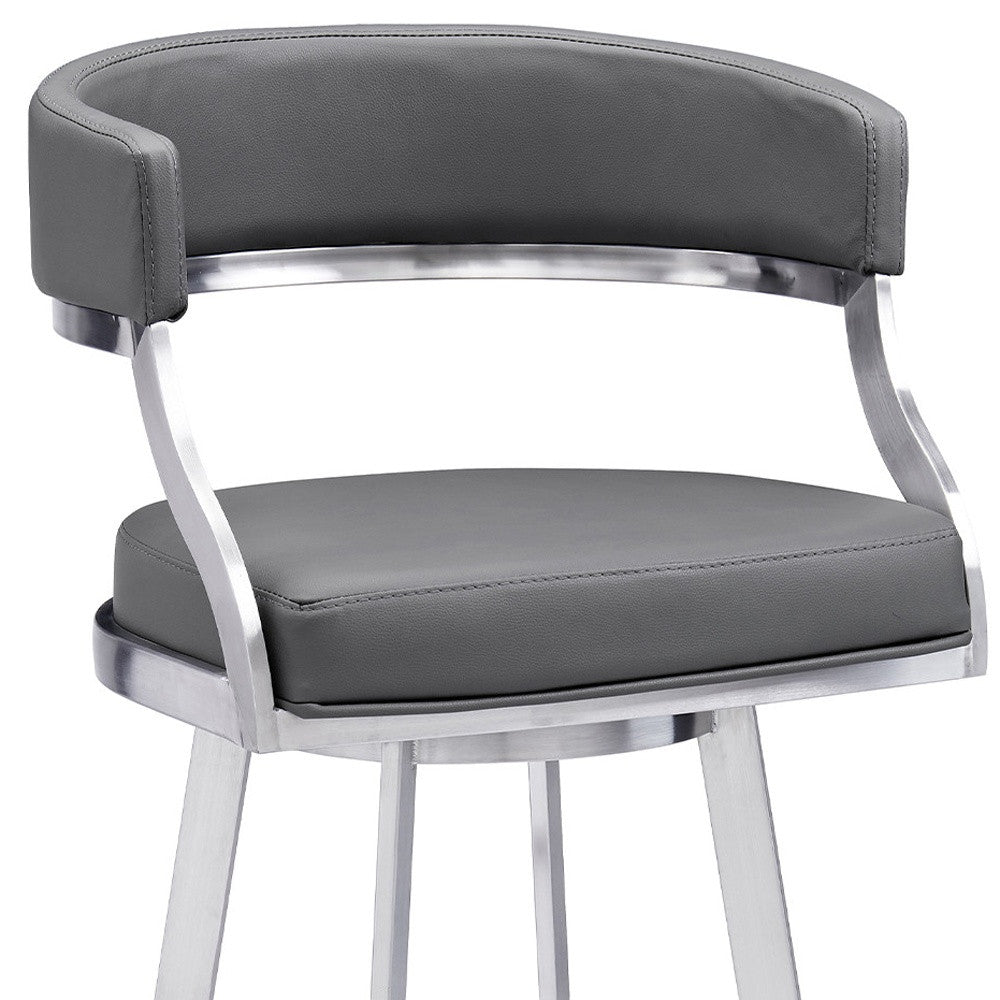 30" Gray and Silver Faux Leather and Iron Low Back Bar Height Swivel Bar Chair - GreatEagleInc