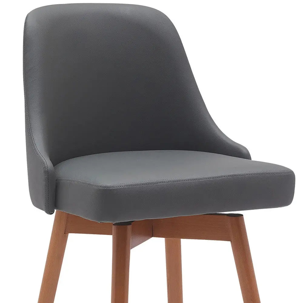 30" Gray and Wood Brown Faux Leather with Solid Wood Swivel Bar Height Bar Chair Homeroots Living Room