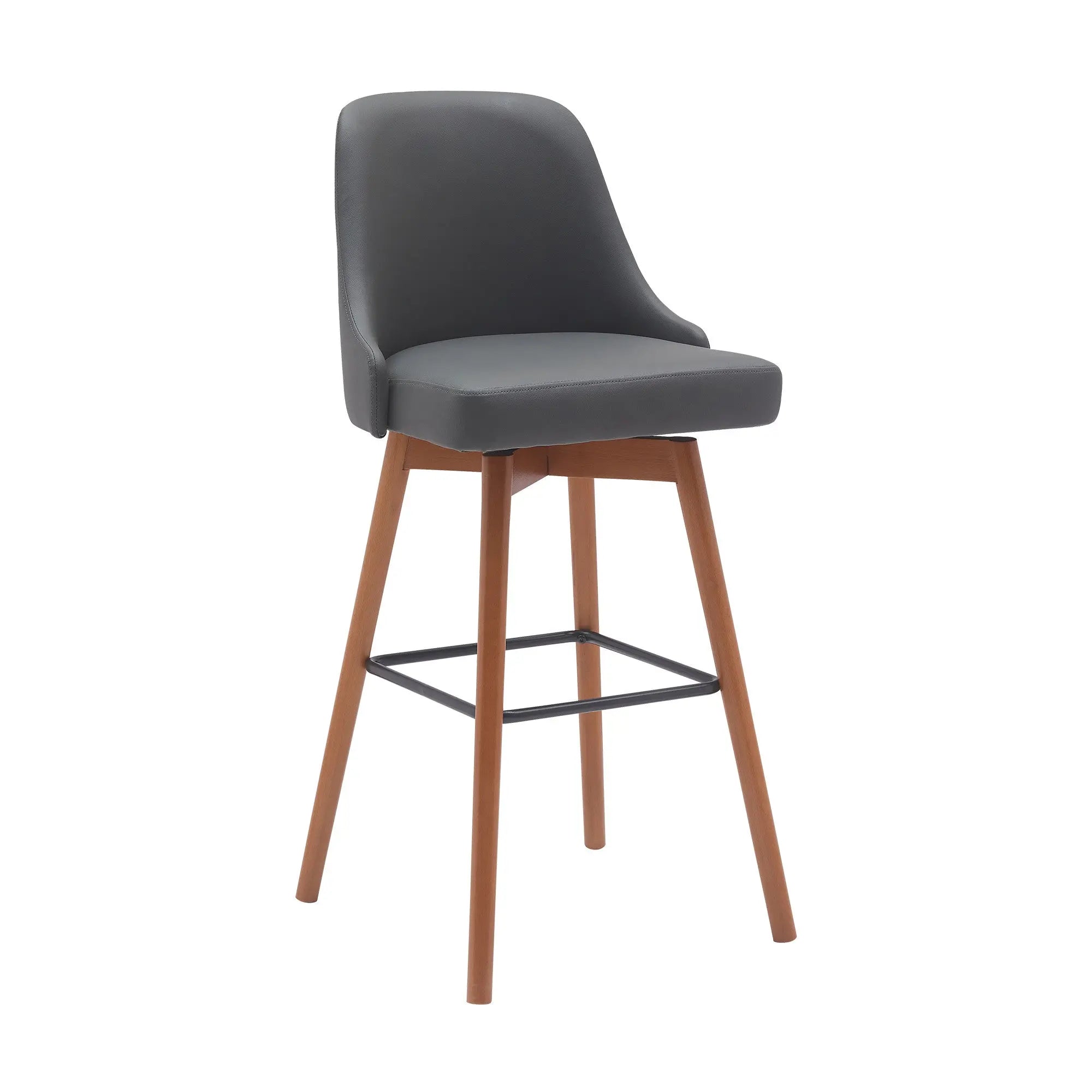 30" Gray and Wood Brown Faux Leather with Solid Wood Swivel Bar Height Bar Chair Homeroots Living Room