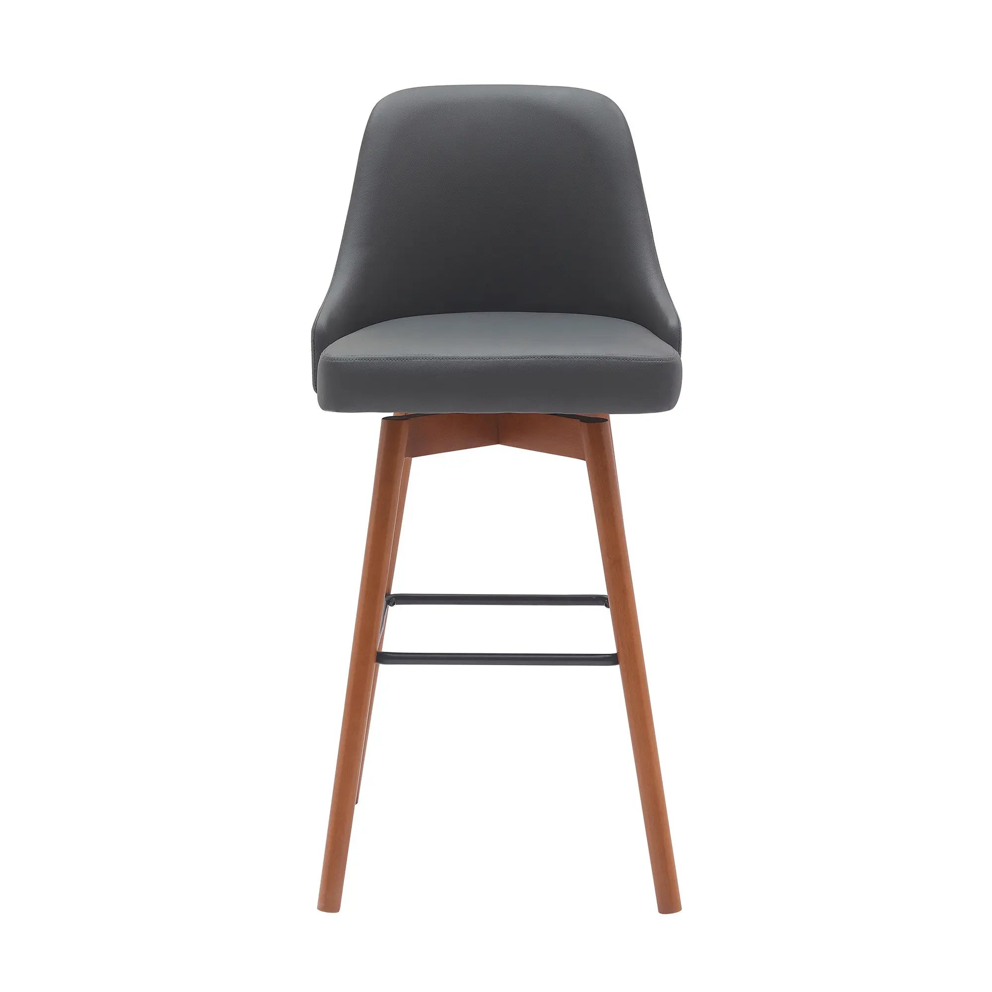 30" Gray and Wood Brown Faux Leather with Solid Wood Swivel Bar Height Bar Chair Homeroots Living Room