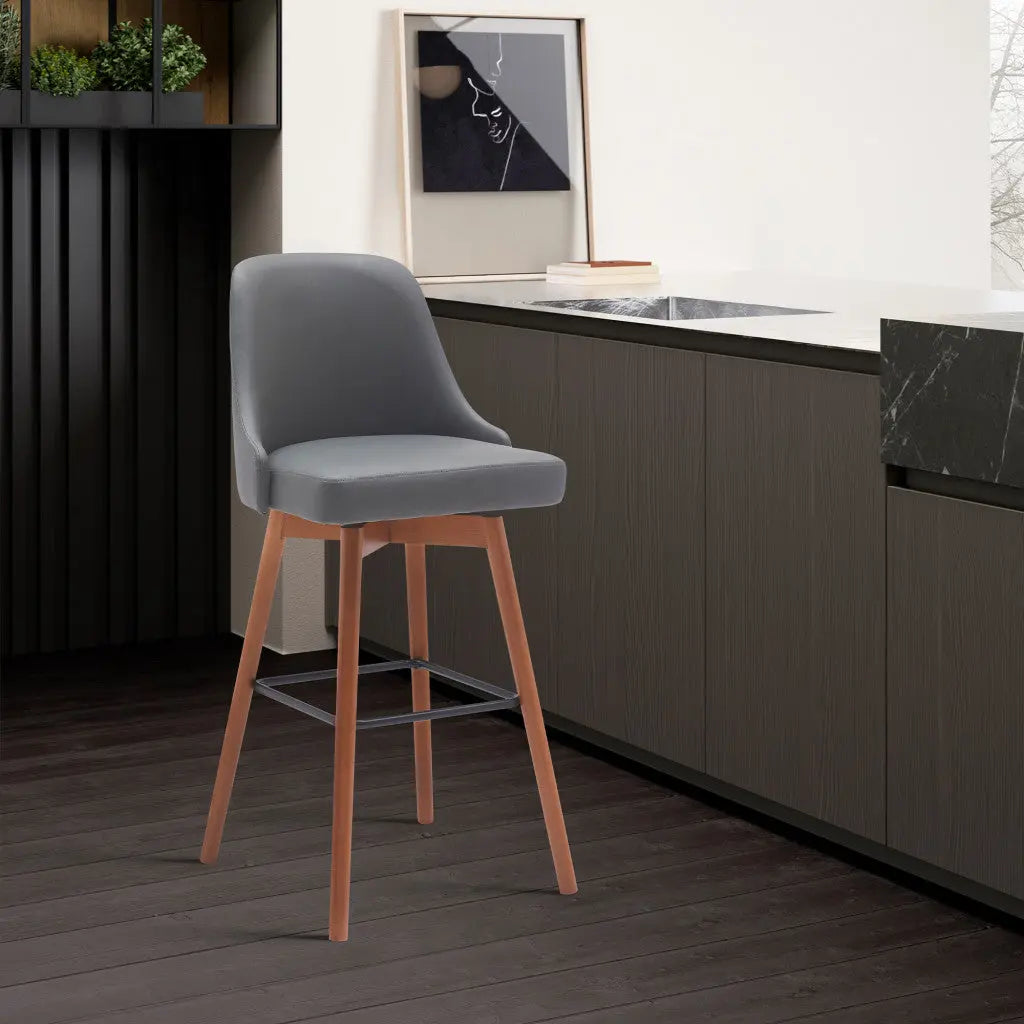 30" Gray and Wood Brown Faux Leather with Solid Wood Swivel Bar Height Bar Chair Homeroots Living Room