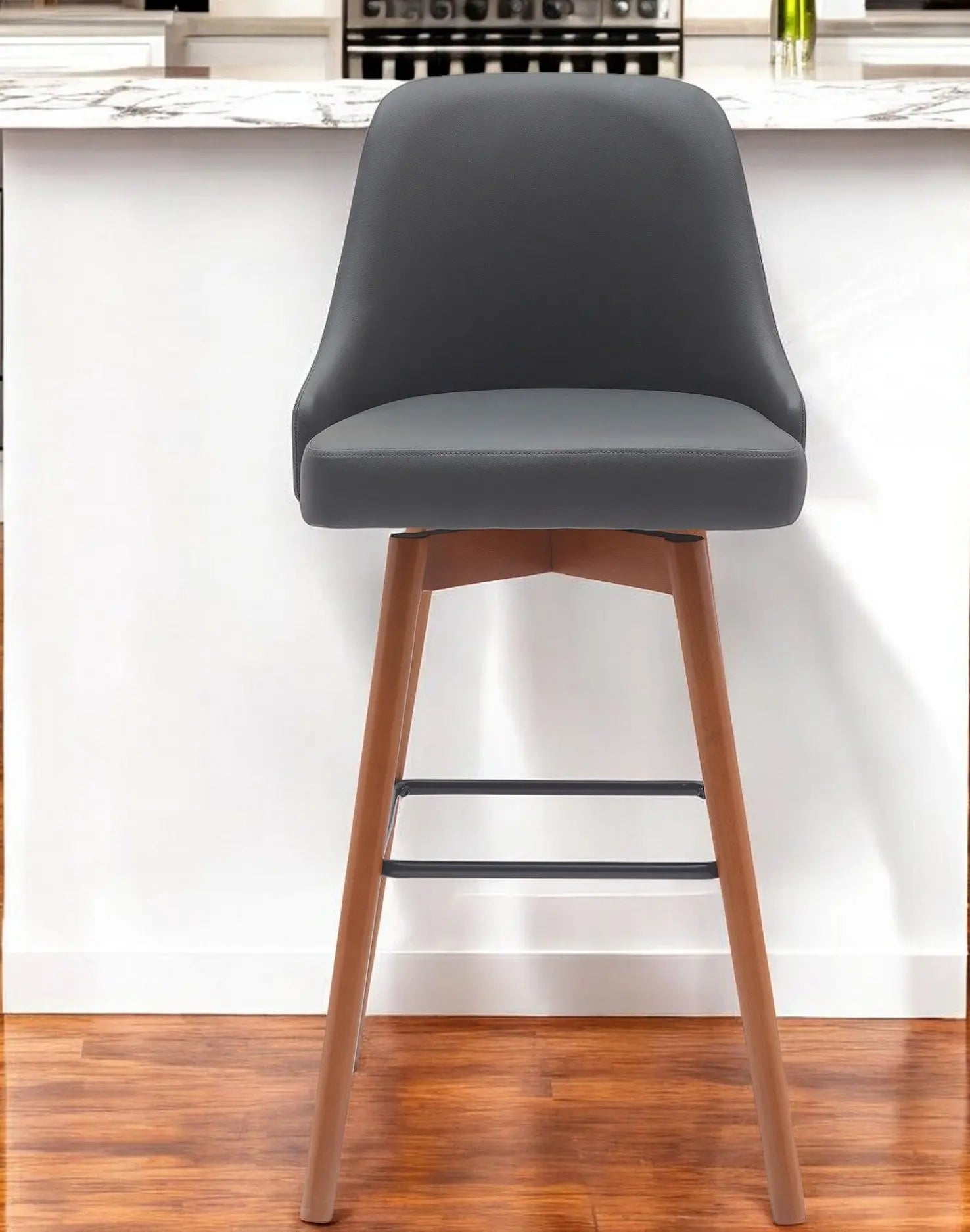 30" Gray and Wood Brown Faux Leather with Solid Wood Swivel Bar Height Bar Chair Homeroots Living Room
