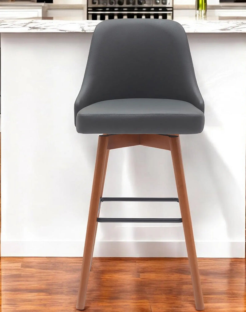 30" Gray and Wood Brown Faux Leather with Solid Wood Swivel Bar Height Bar Chair Homeroots Living Room