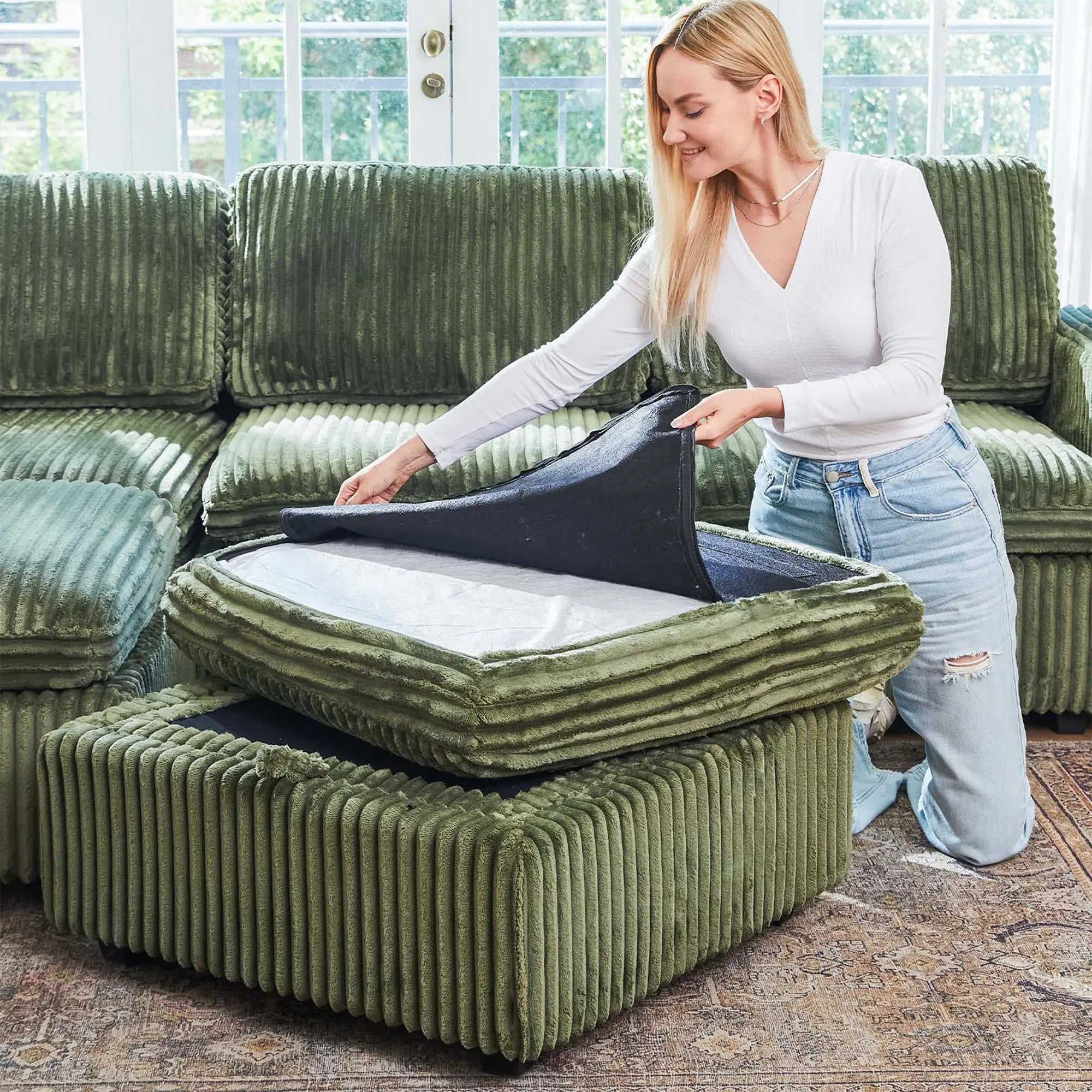 30" Green and Black Corduroy Storage Ottoman Homeroots Living Room