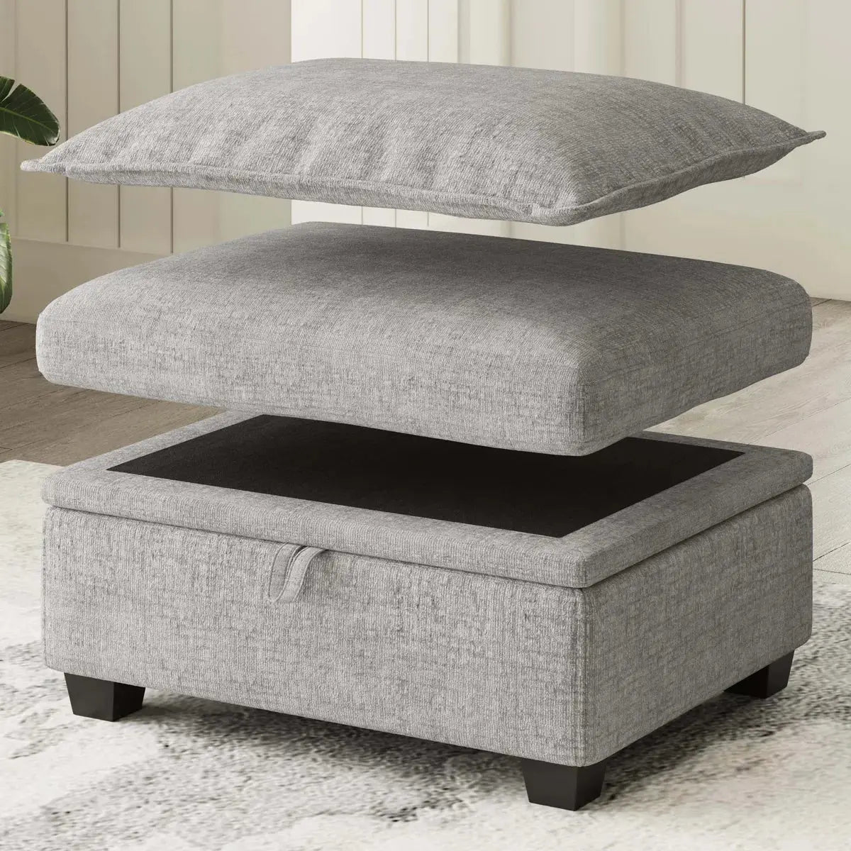 30" Light Gray and Black Chenille Storage Ottoman Homeroots Living Room