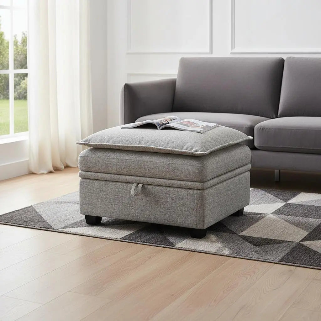 30" Light Gray and Black Chenille Storage Ottoman Homeroots Living Room