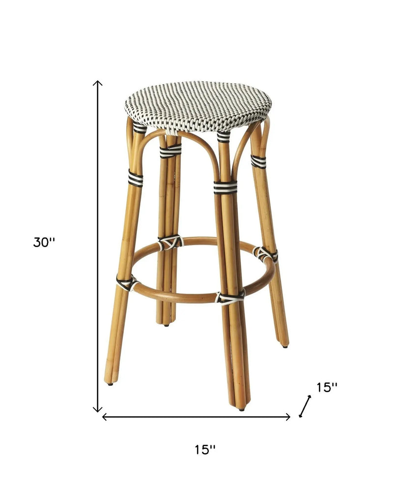 30" Natural Black and White Rattan Backless Bar Height Bar Chair - GreatEagleInc