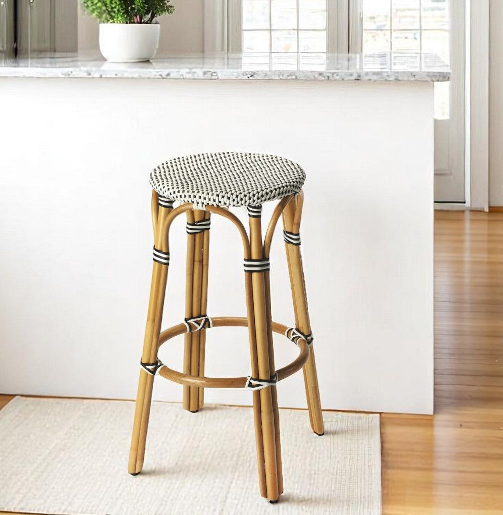 30" Natural Black and White Rattan Backless Bar Height Bar Chair - GreatEagleInc