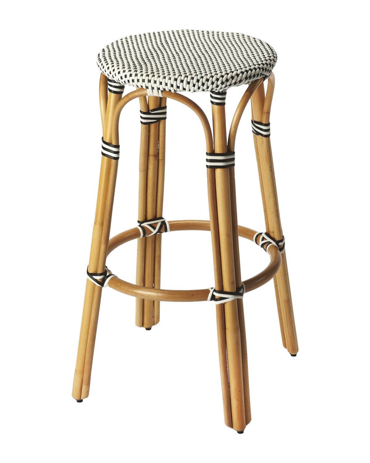 30" Natural Black and White Rattan Backless Bar Height Bar Chair - GreatEagleInc