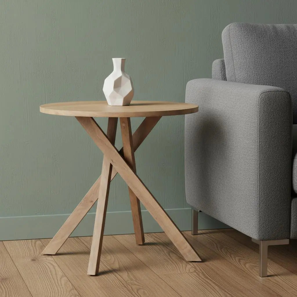 30" Natural Distressed Solid Wood Round Cross Legs End Table Homeroots Living Room