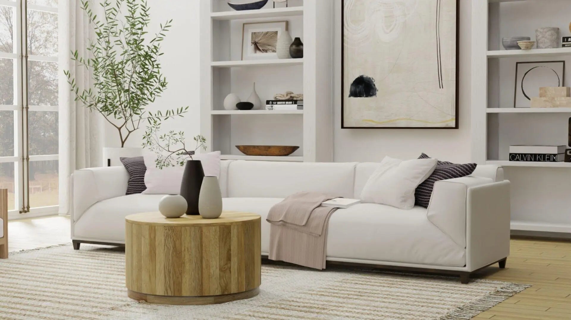 30" Natural Solid Wood Round Solid Drum Coffee Table Homeroots Living Room