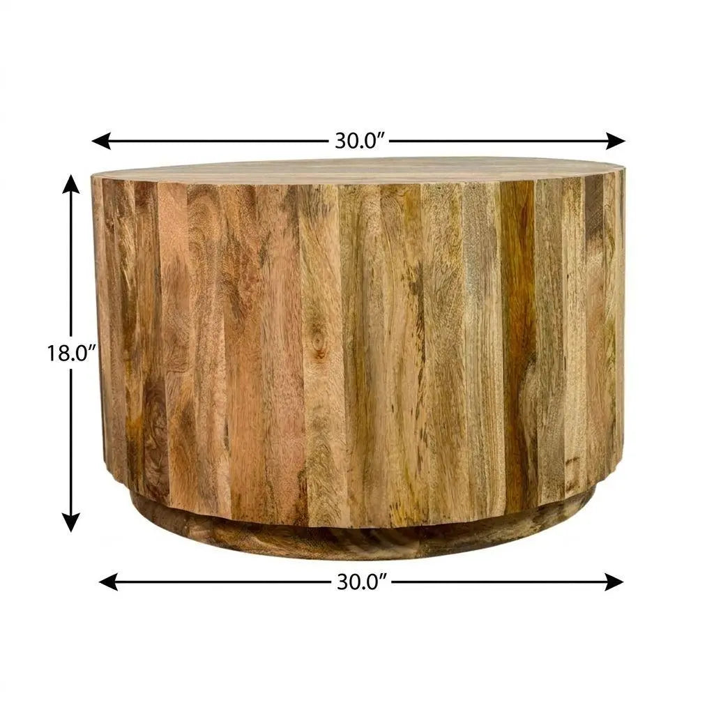 30" Natural Solid Wood Round Solid Drum Coffee Table Homeroots Living Room