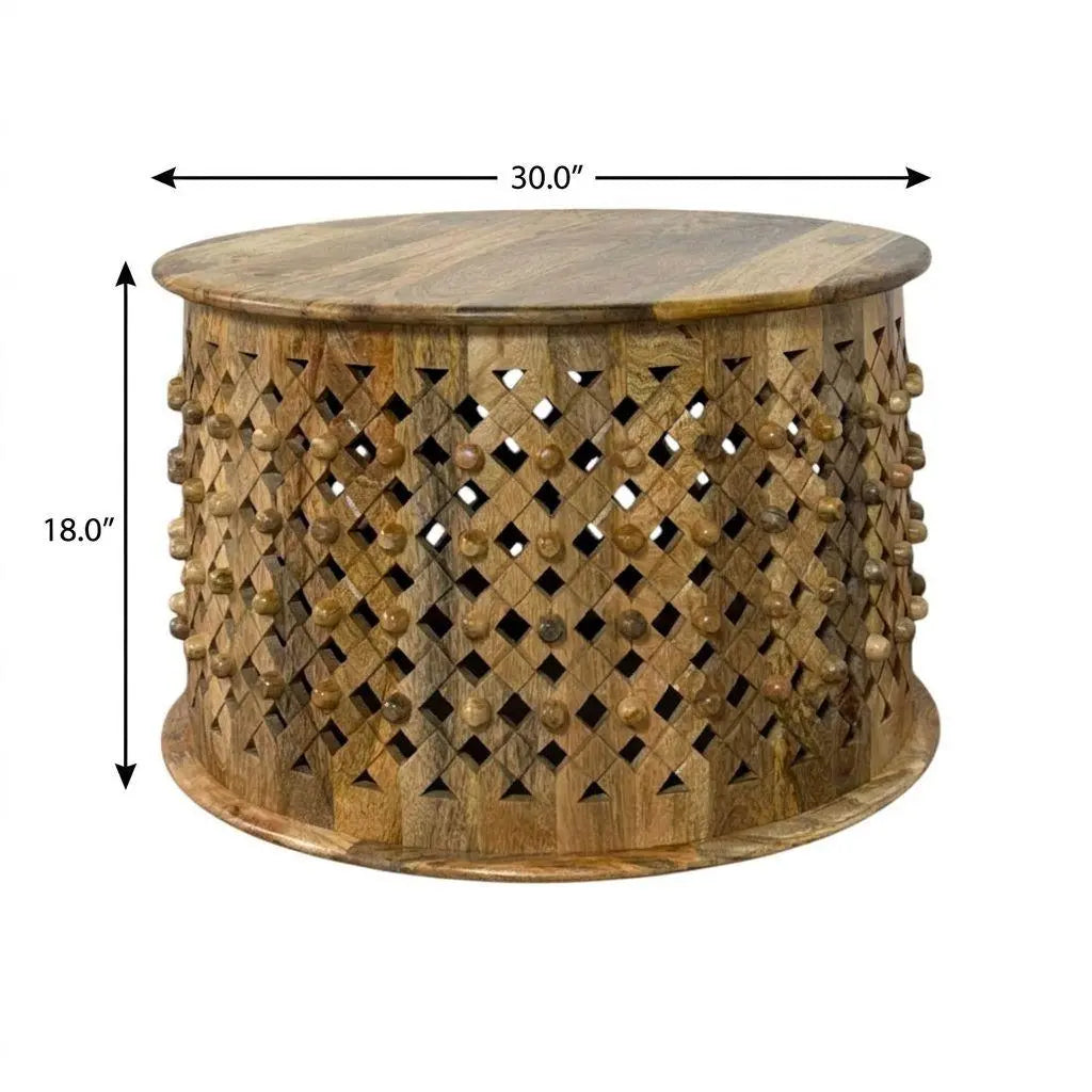 30" Natural Solid Wood Round Solid Drum Coffee Table Homeroots Living Room