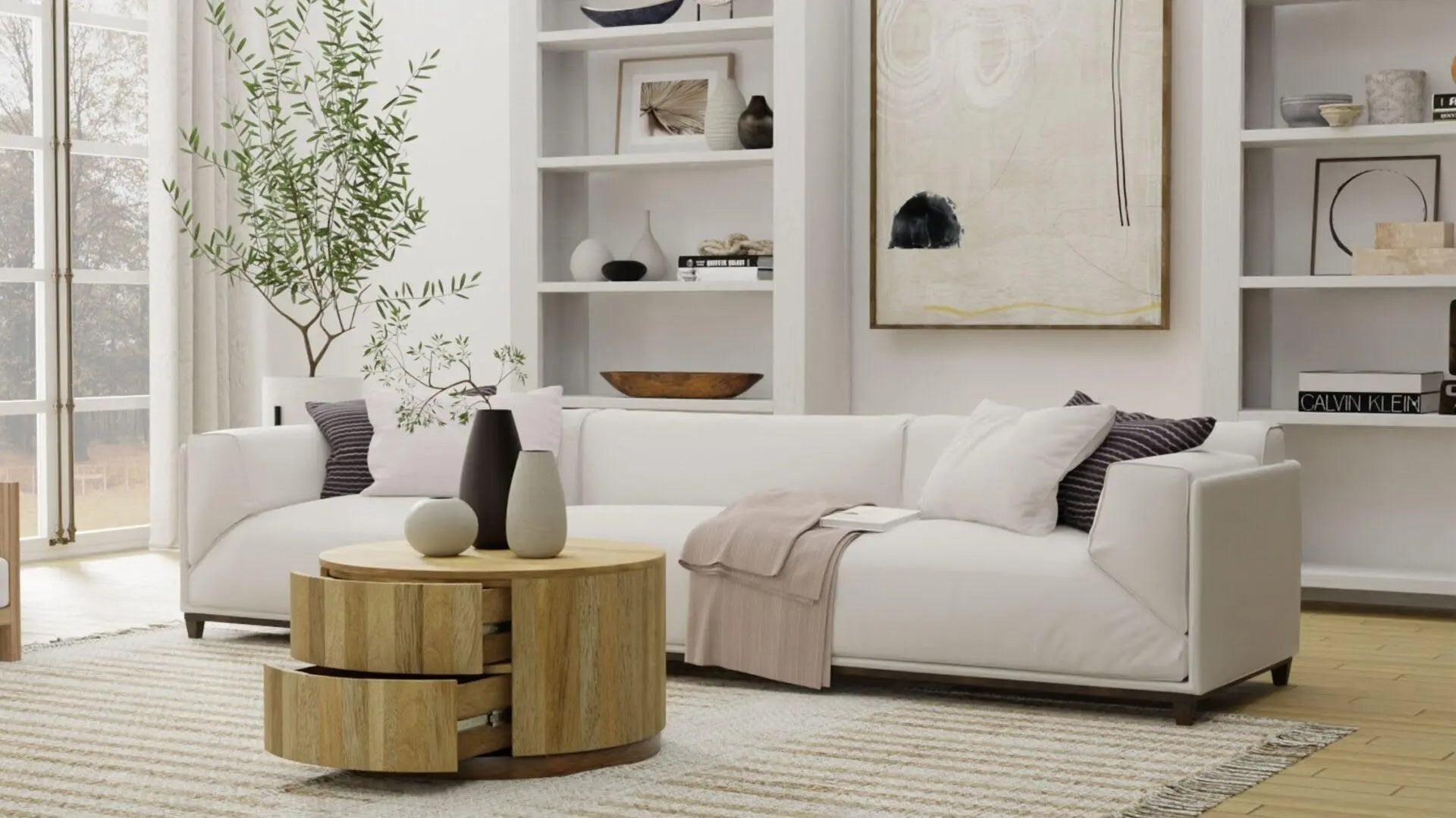 30" Natural Solid Wood Round Solid Drum Coffee Table With Two Drawers Homeroots Living Room