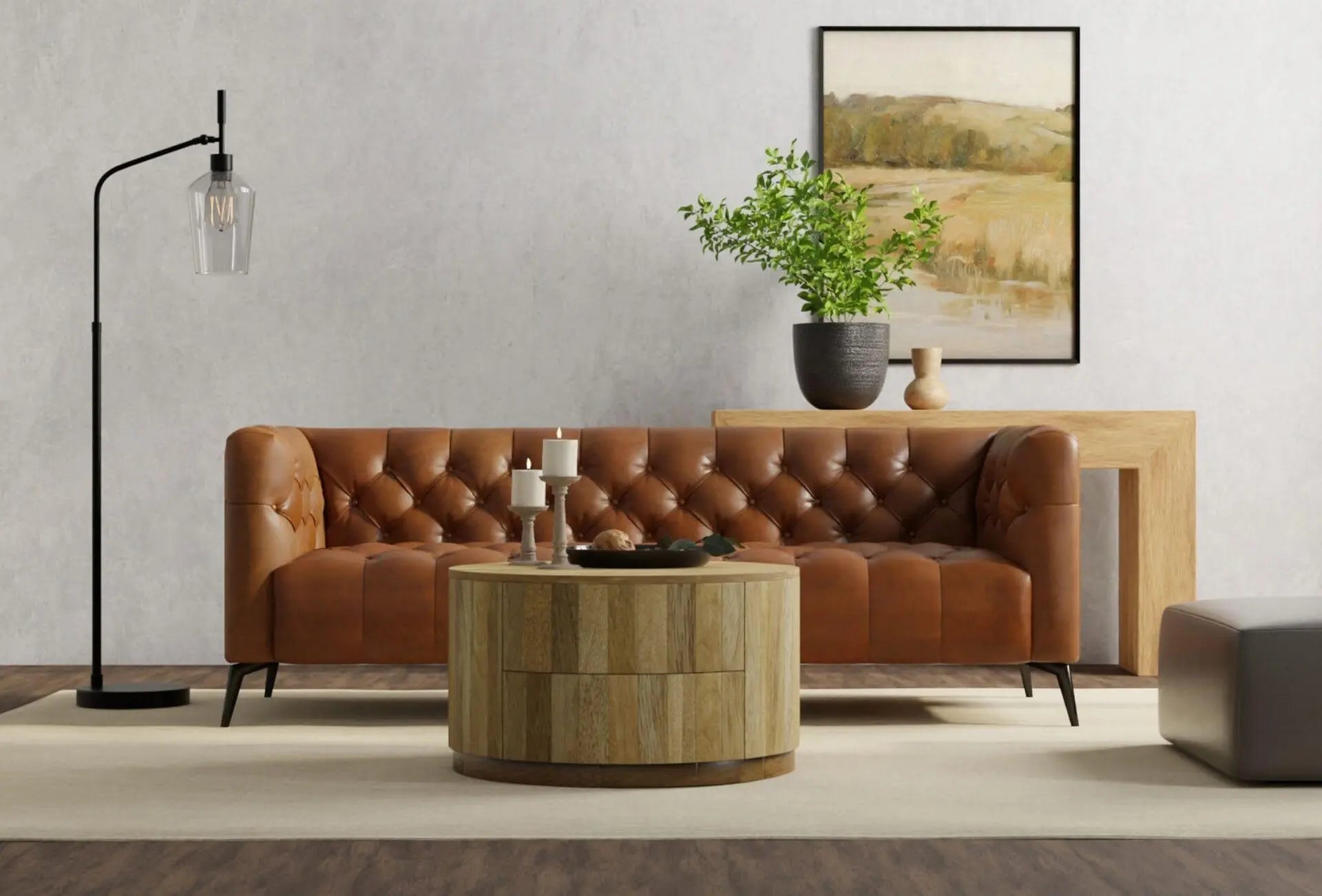 30" Natural Solid Wood Round Solid Drum Coffee Table With Two Drawers Homeroots Living Room