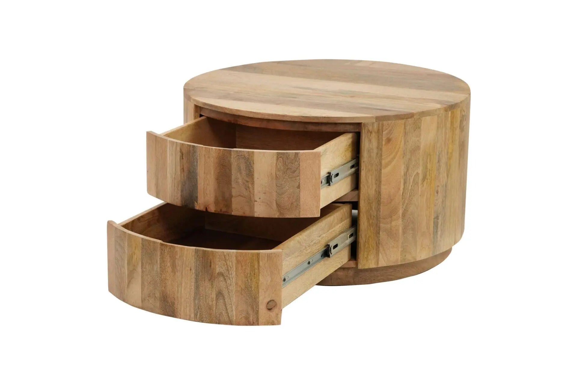 30" Natural Solid Wood Round Solid Drum Coffee Table With Two Drawers Homeroots Living Room