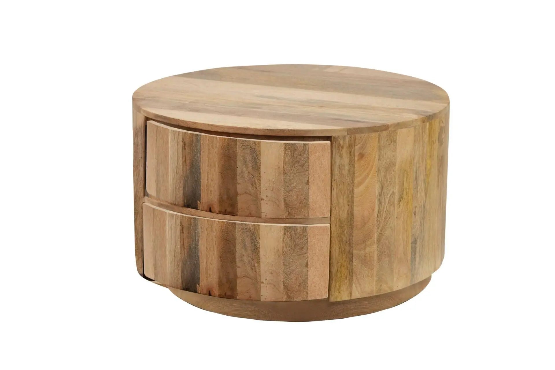 30" Natural Solid Wood Round Solid Drum Coffee Table With Two Drawers Homeroots Living Room