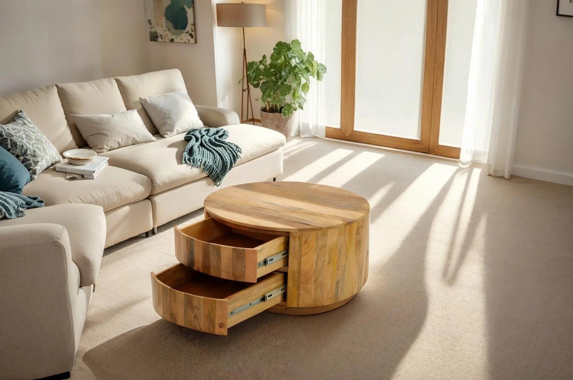 30" Natural Solid Wood Round Solid Drum Coffee Table With Two Drawers Homeroots Living Room