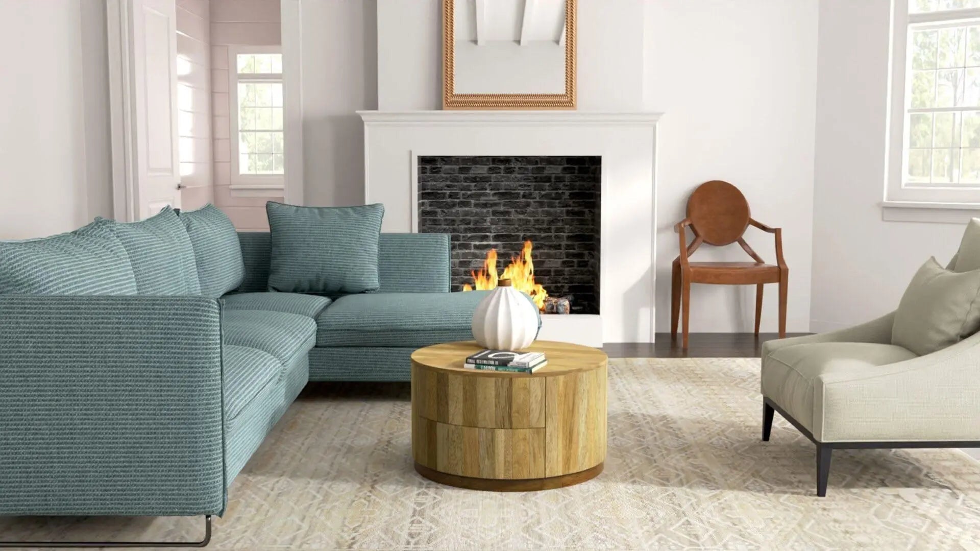 30" Natural Solid Wood Round Solid Drum Coffee Table With Two Drawers Homeroots Living Room