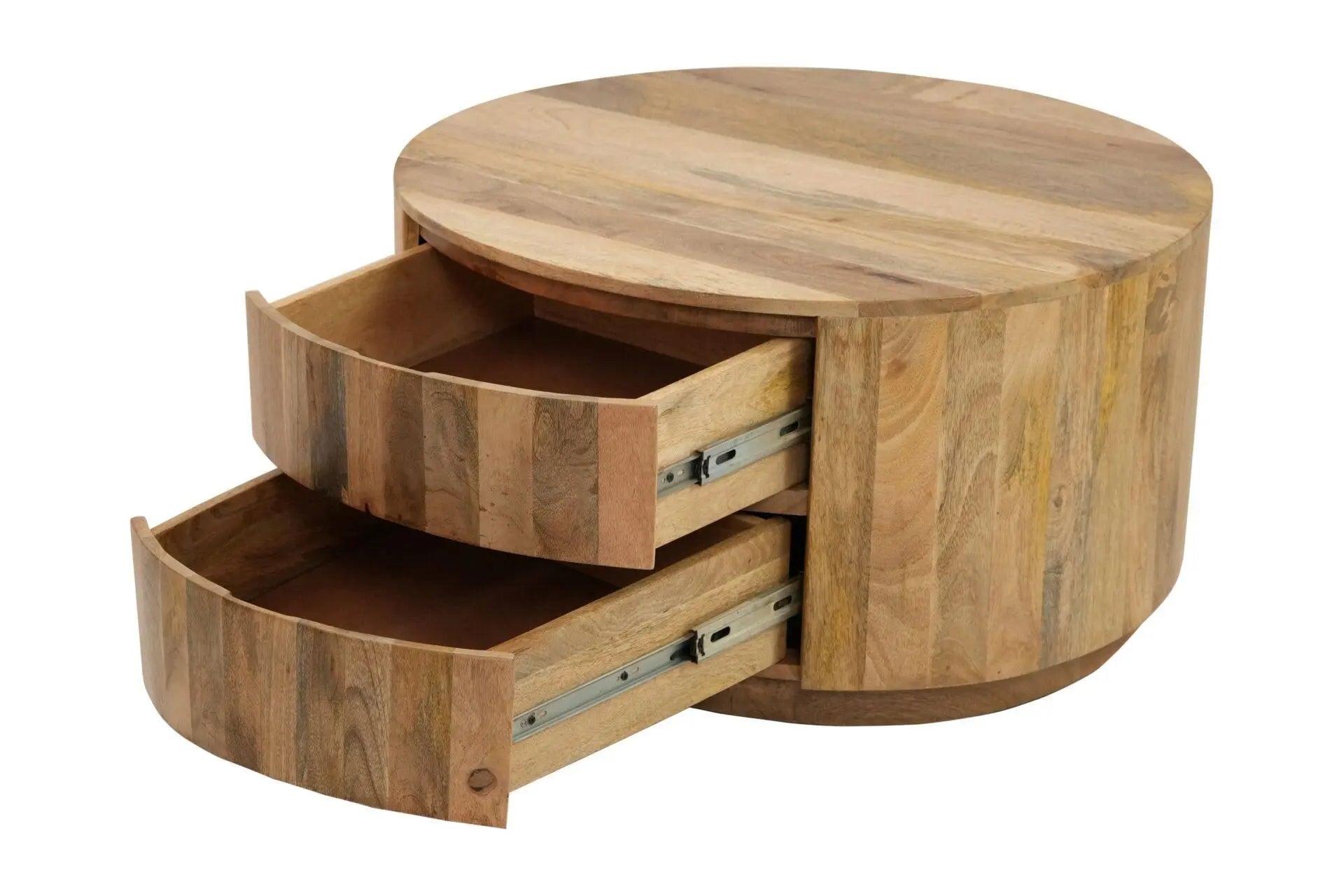 30" Natural Solid Wood Round Solid Drum Coffee Table With Two Drawers Homeroots Living Room