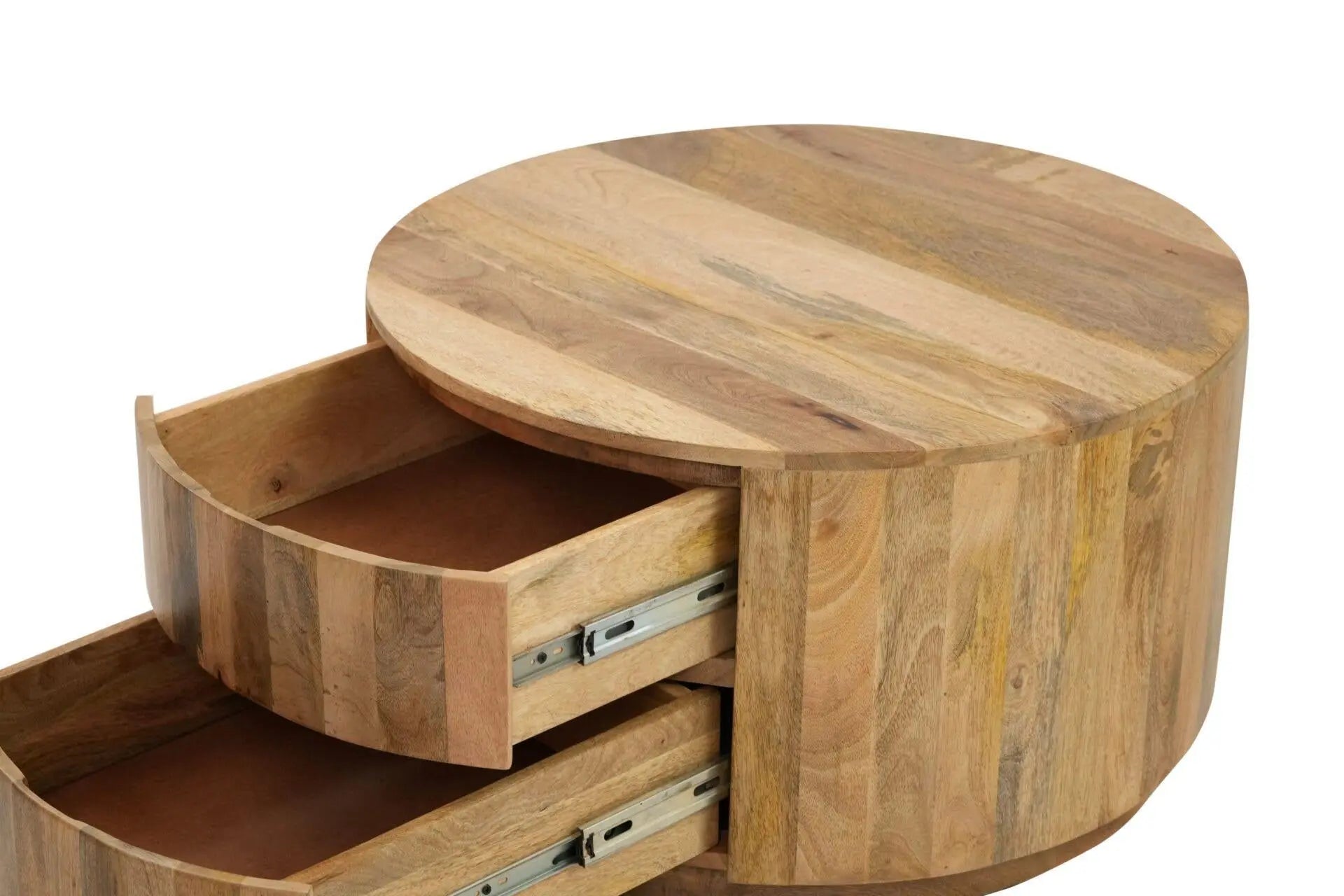 30" Natural Solid Wood Round Solid Drum Coffee Table With Two Drawers Homeroots Living Room