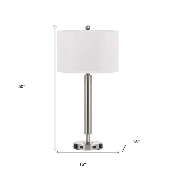 30" Nickel Metal Cylinder USB Table Lamp With White Drum Shade Homeroots Lighting