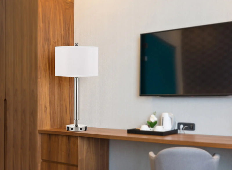 30" Nickel Metal Cylinder USB Table Lamp With White Drum Shade Homeroots Lighting