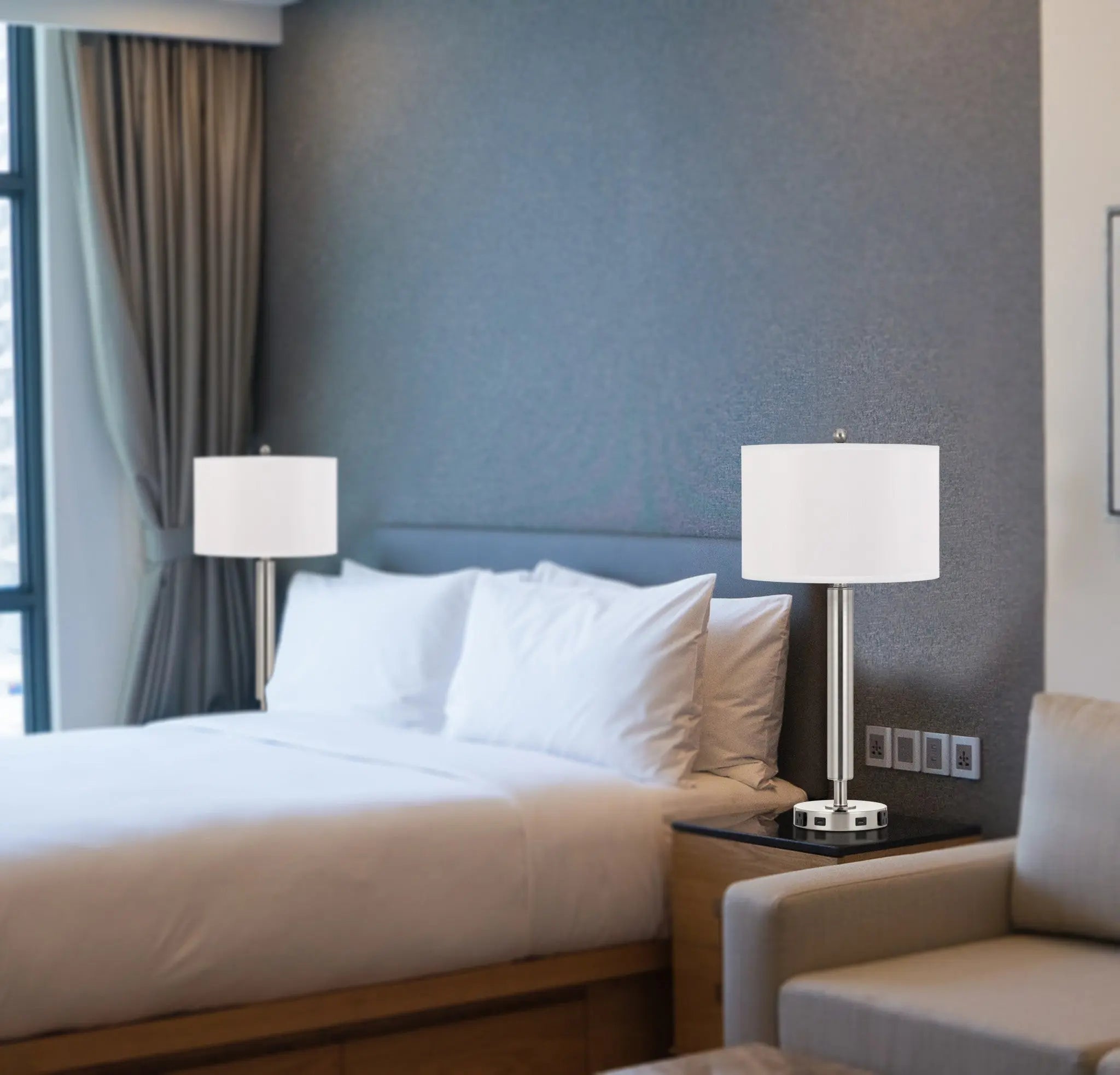 30" Nickel Metal Cylinder USB Table Lamp With White Drum Shade Homeroots Lighting