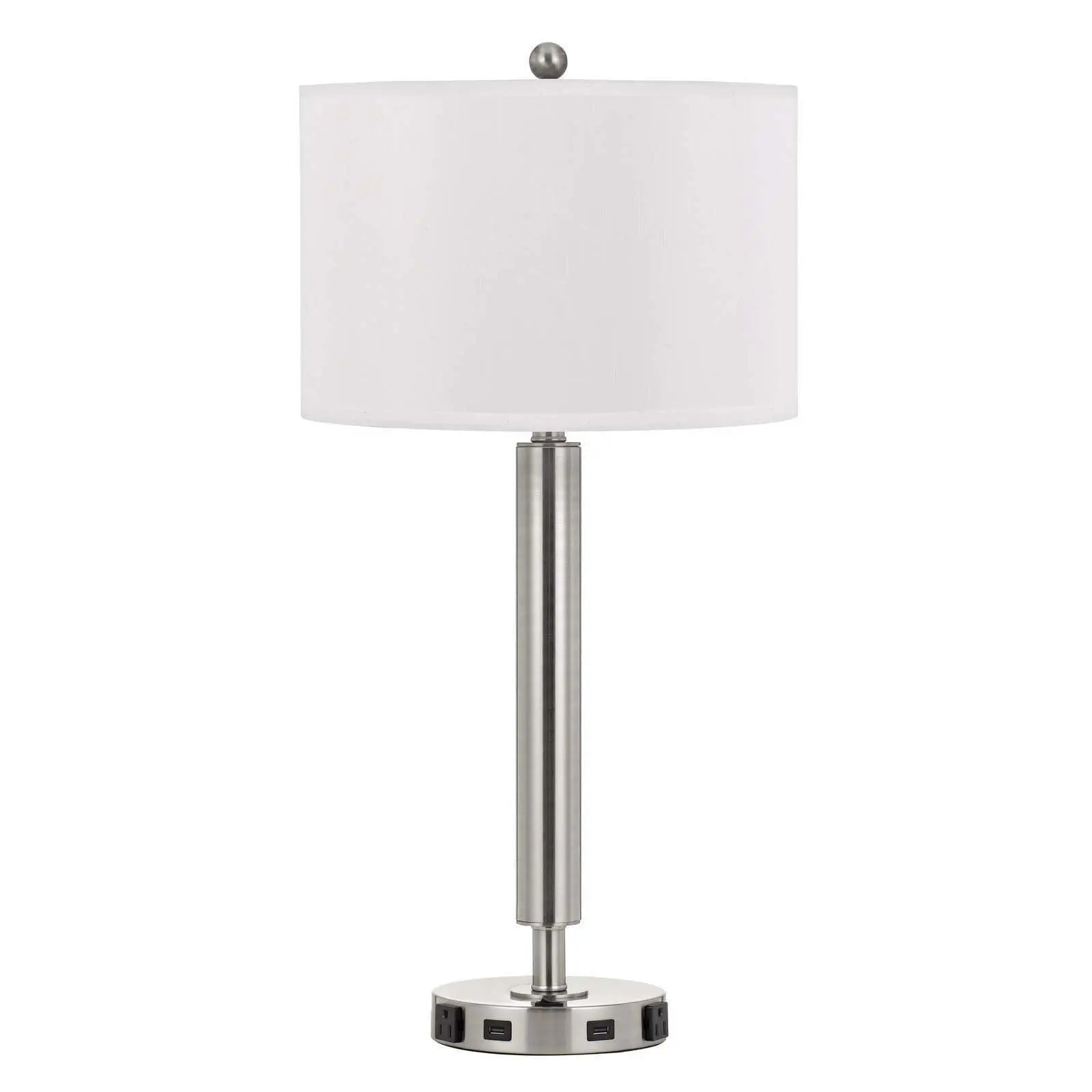 30" Nickel Metal Cylinder USB Table Lamp With White Drum Shade Homeroots Lighting