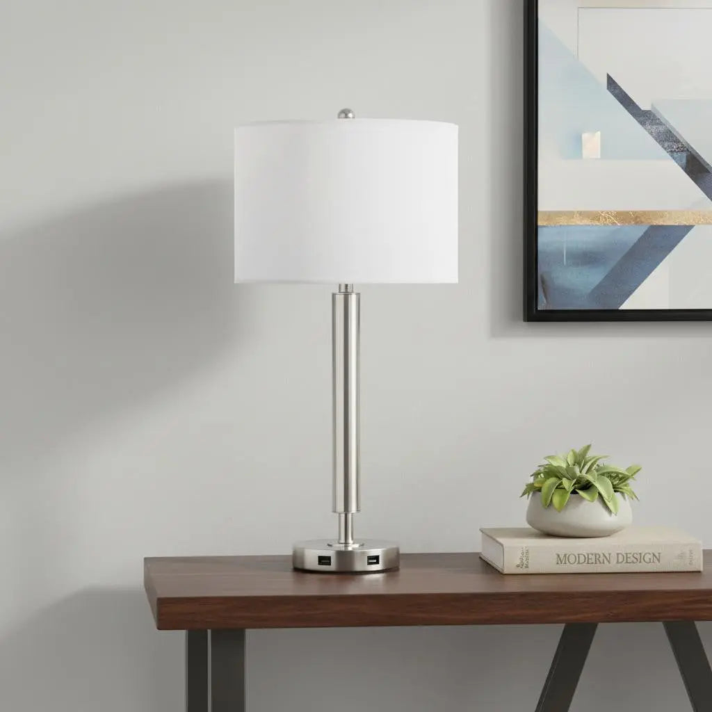 30" Nickel Metal Cylinder USB Table Lamp With White Drum Shade Homeroots Lighting