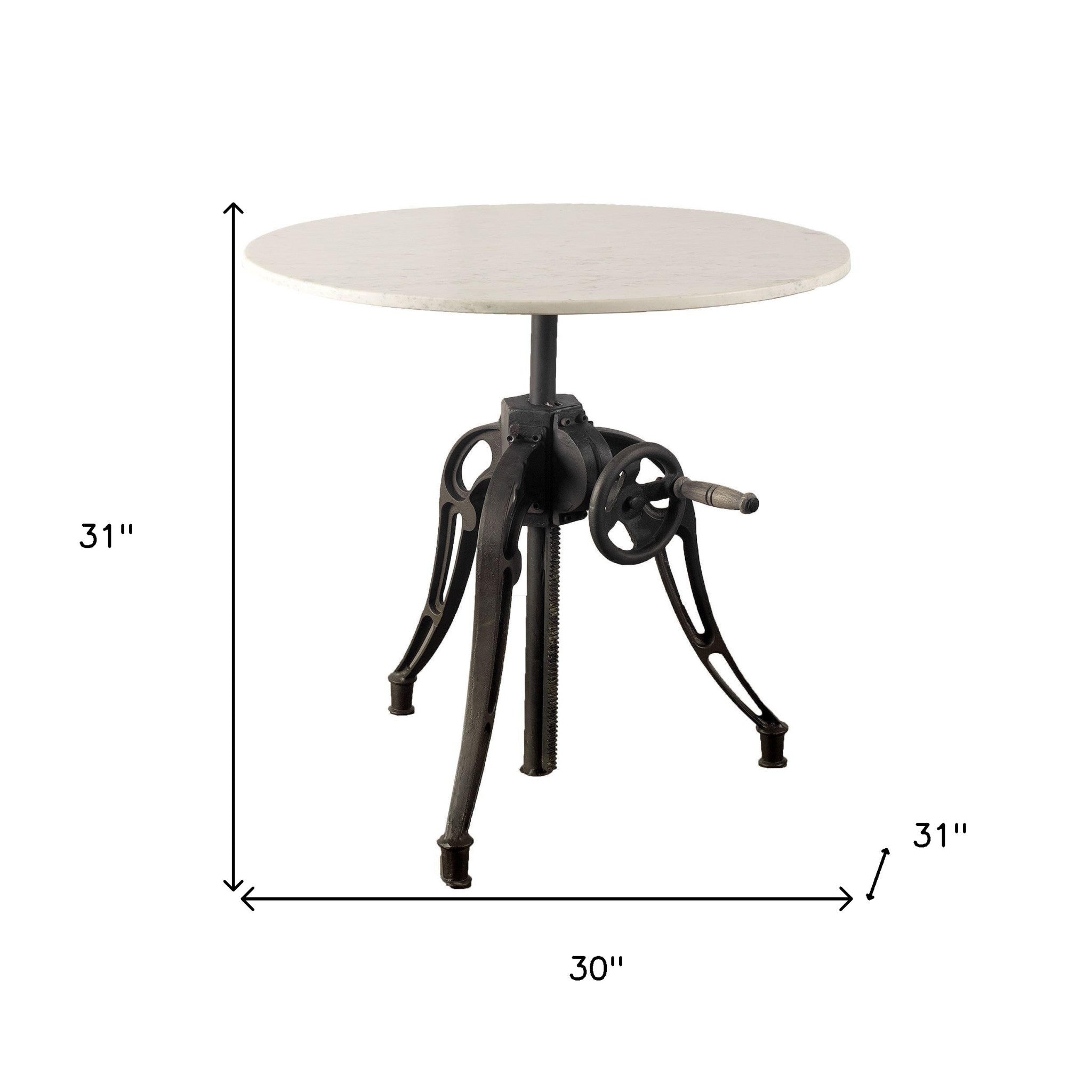 30" White And Black Rounded Marble And Metal Three Leg Base Dining Table - GreatEagleInc
