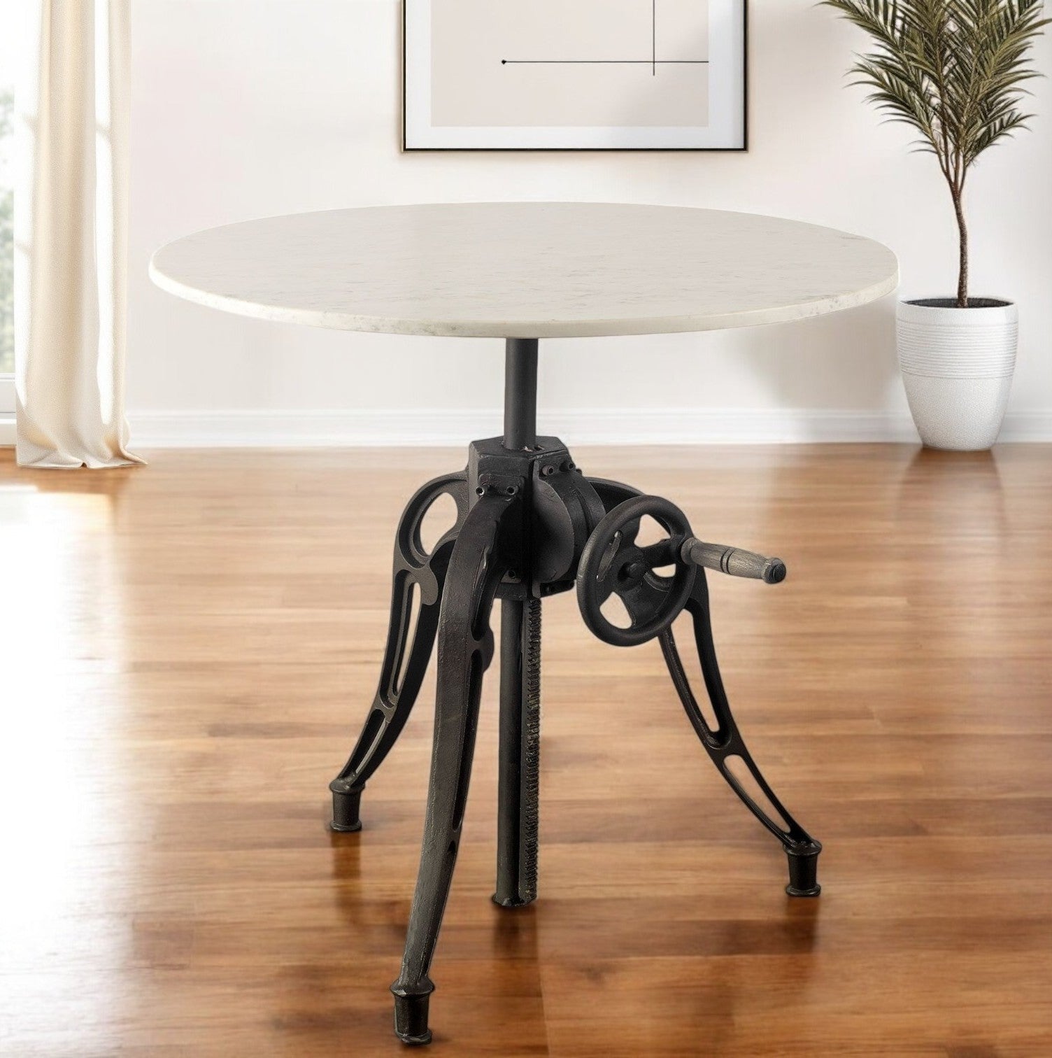 30" White And Black Rounded Marble And Metal Three Leg Base Dining Table - GreatEagleInc