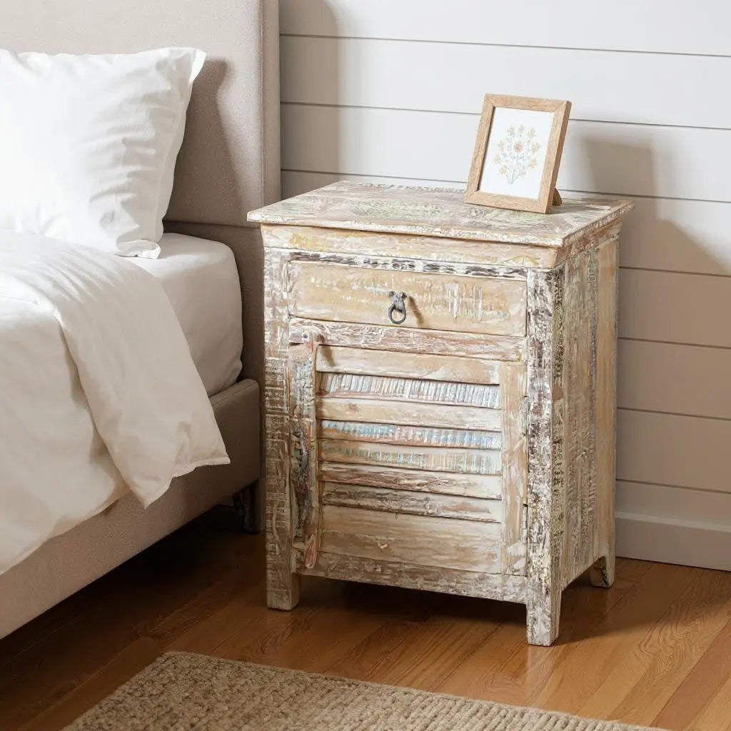 30" White Solid Wood Distressed One Drawer Nightstand Homeroots Bed & Bath