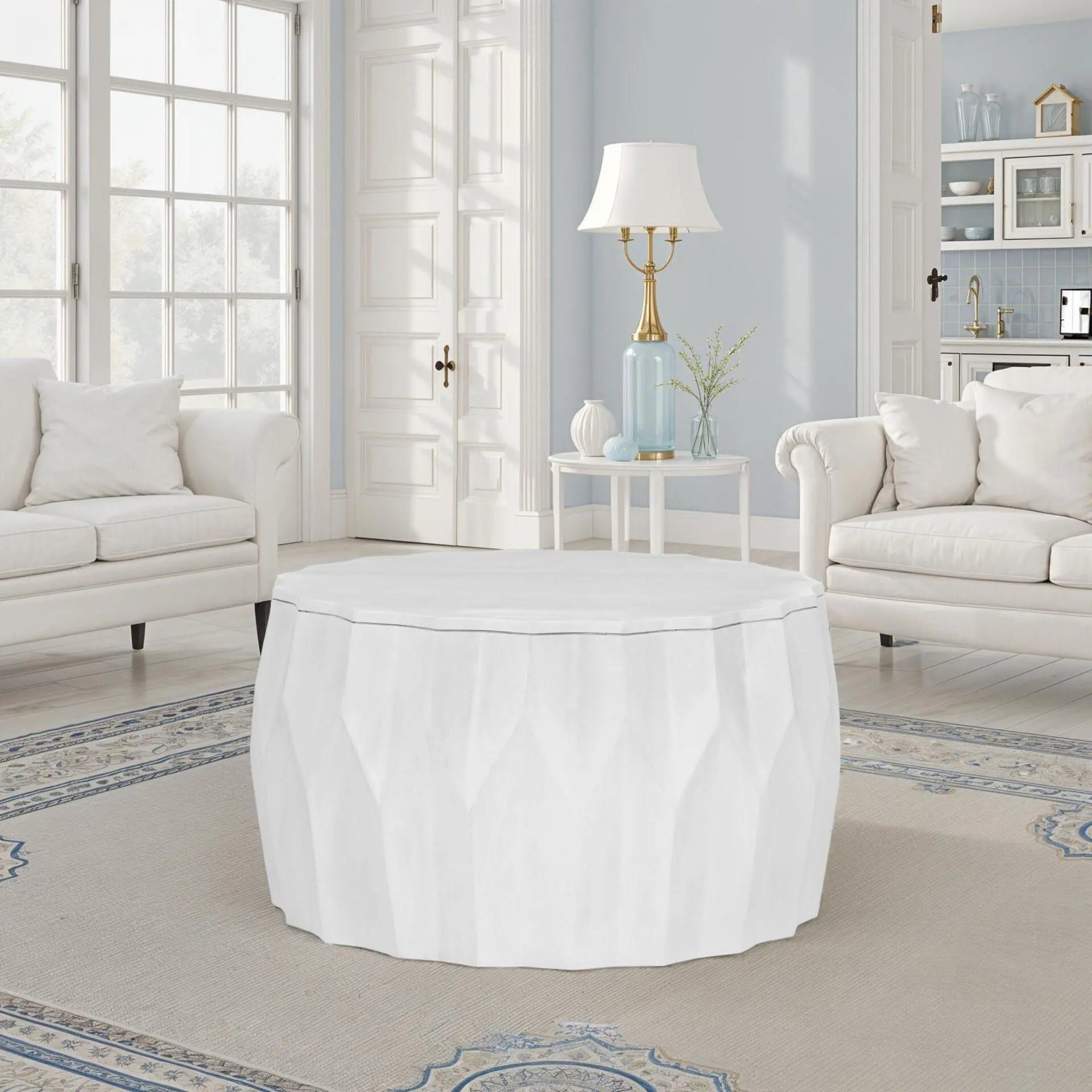 30" White Solid Wood Round Distressed Solid Drum Coffee Table Homeroots Living Room