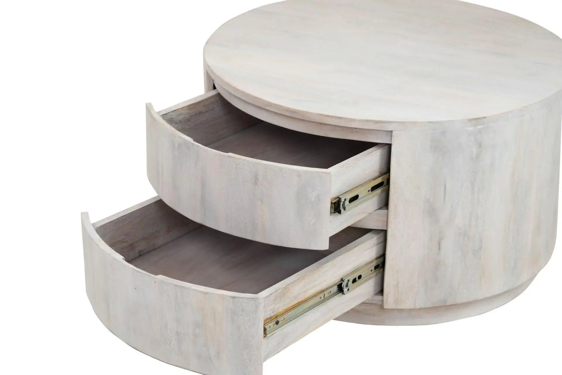 30" White Solid Wood Round Distressed Solid Drum Coffee Table With Two Drawers Homeroots Living Room