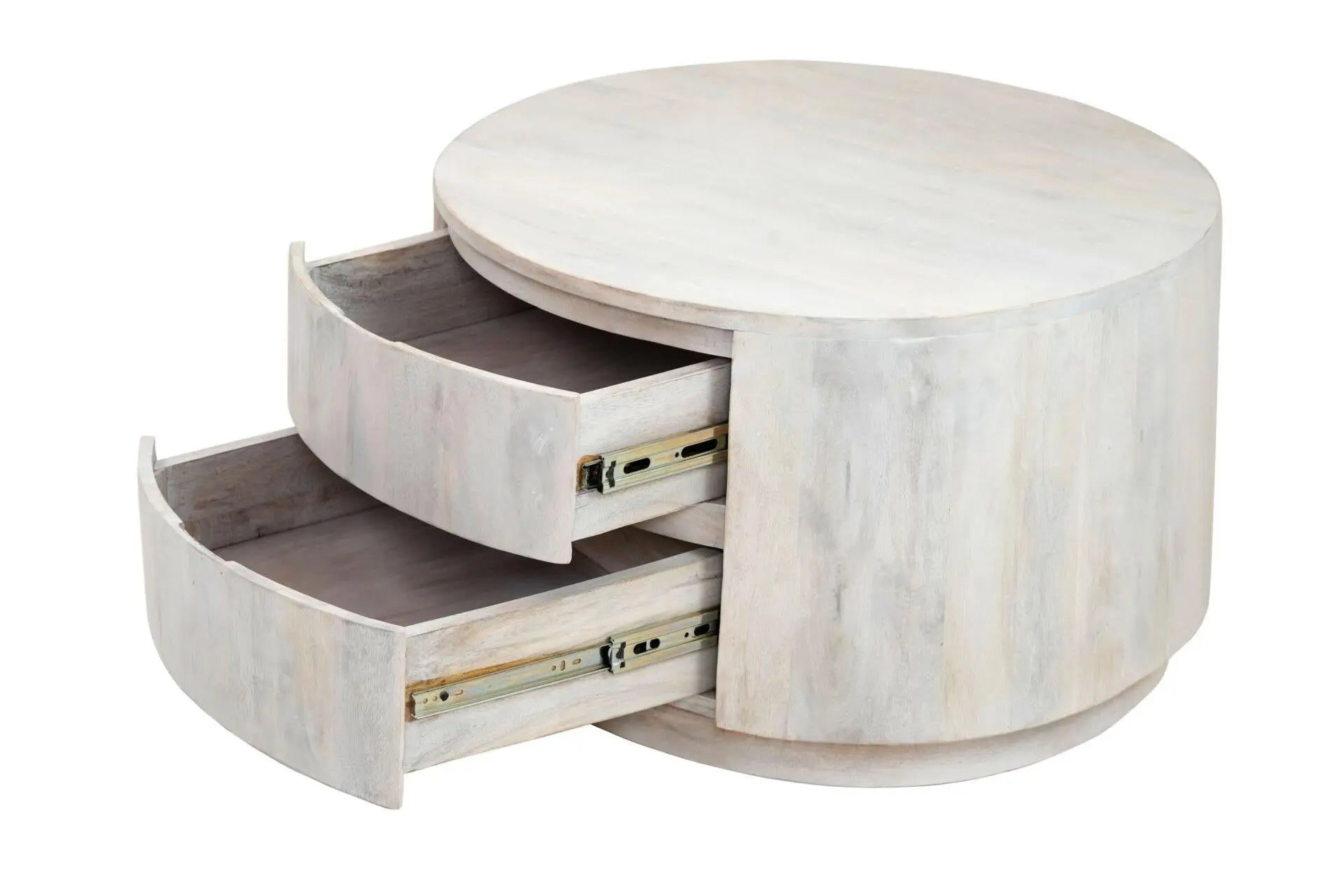 30" White Solid Wood Round Distressed Solid Drum Coffee Table With Two Drawers Homeroots Living Room