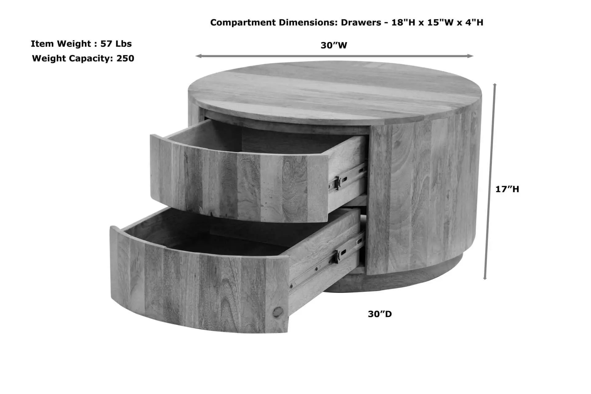 30" White Solid Wood Round Distressed Solid Drum Coffee Table With Two Drawers Homeroots Living Room