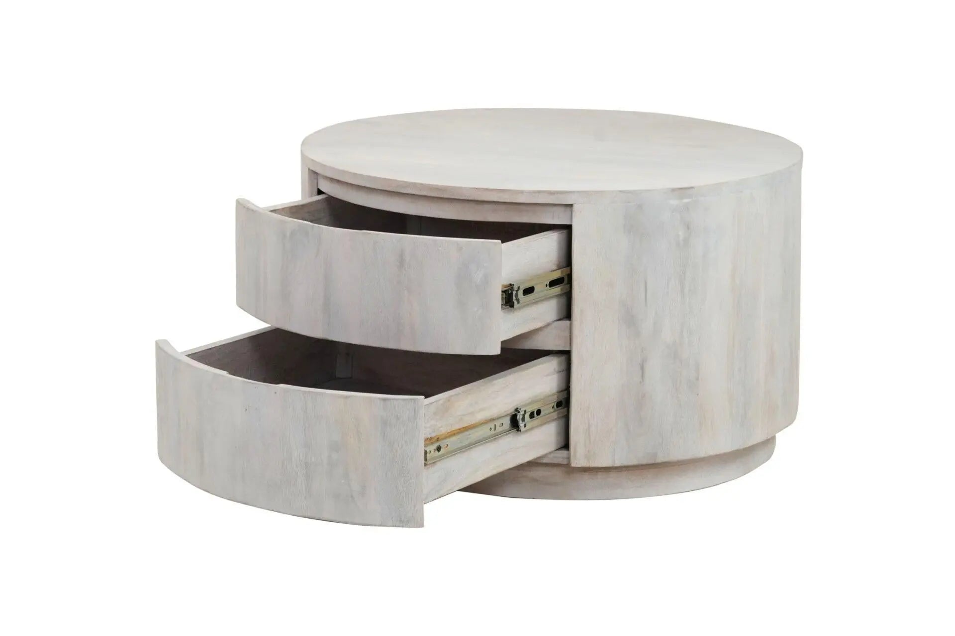 30" White Solid Wood Round Distressed Solid Drum Coffee Table With Two Drawers Homeroots Living Room