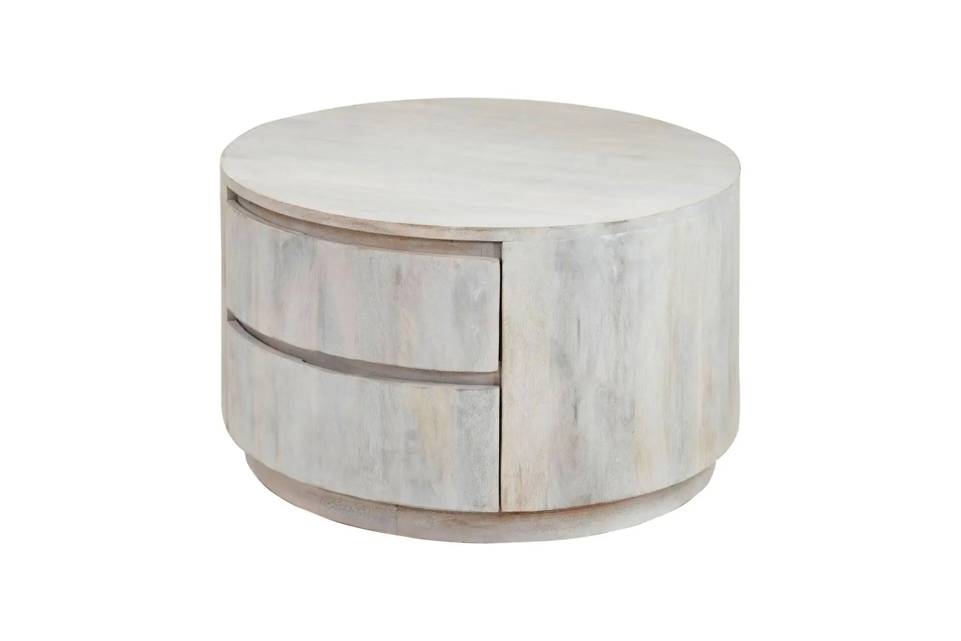 30" White Solid Wood Round Distressed Solid Drum Coffee Table With Two Drawers Homeroots Living Room